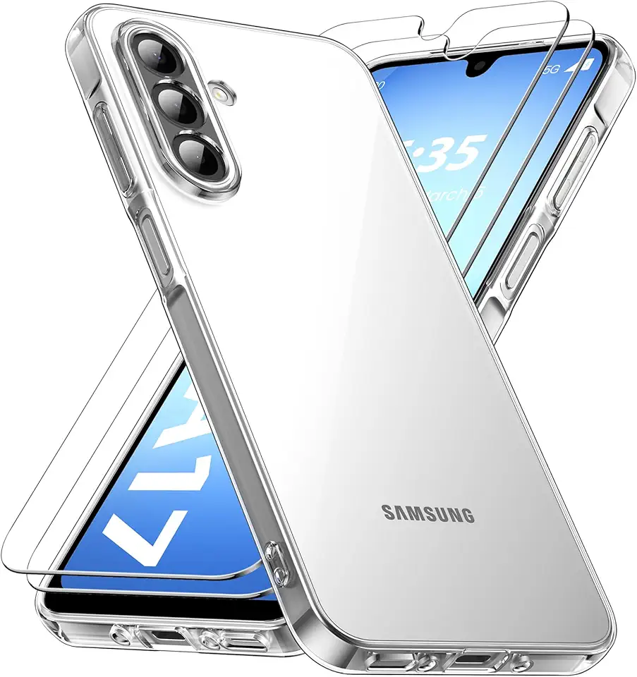 caslord Coque Compatible avec Samsung Galaxy A17 4G/5G Con 2 Verre Trempé, Anti-Jaune Antichoc Anti-Rayures, Transparente TPU Silicone Bumper Case Compatible avec Samsung Galaxy A17, Transparent
