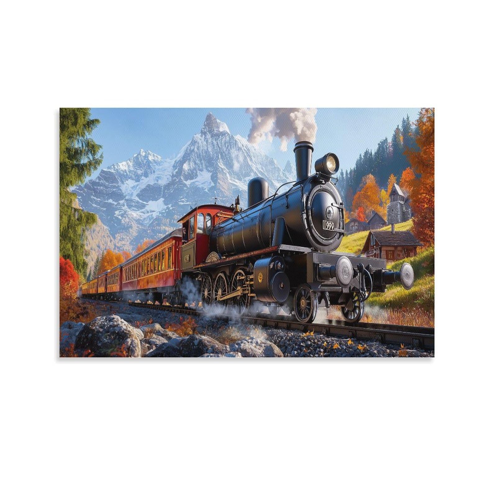 YYVKPMLXC Art Giclee Canvas Steam Train On Canvas Pictures Mountain Villages Print Artwork Painting Pictures Decor by Paintings Ready To Hang for Living Room Decor 16x24inch(40x60cm)