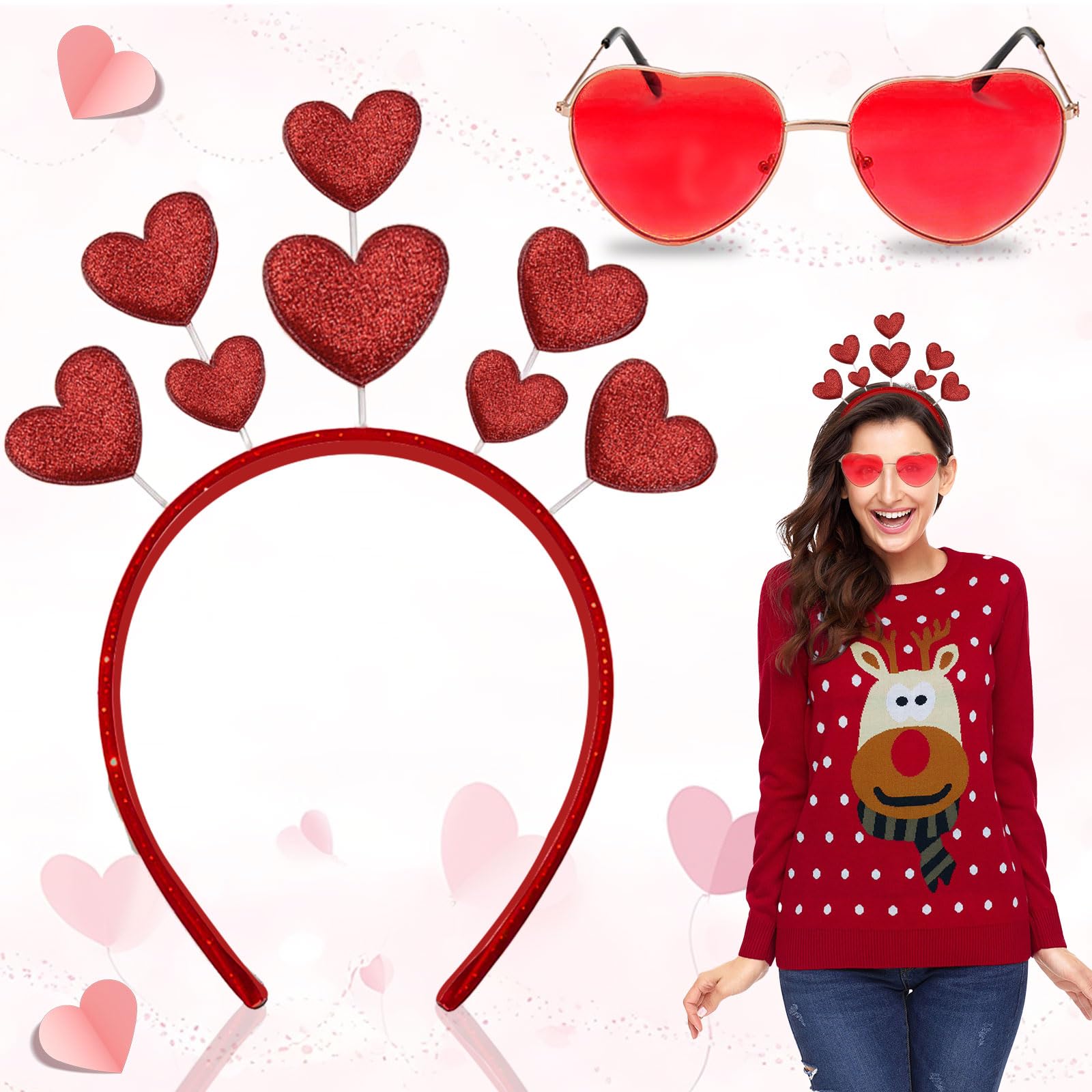 SUpoetry Set of 2 Heart-Shaped Headband and Heart-Shaped Glasses Red Heart Carnival Headband Glitter Heart H-Headband Women with Red Heart-Shaped Glasses for Valentine's Party