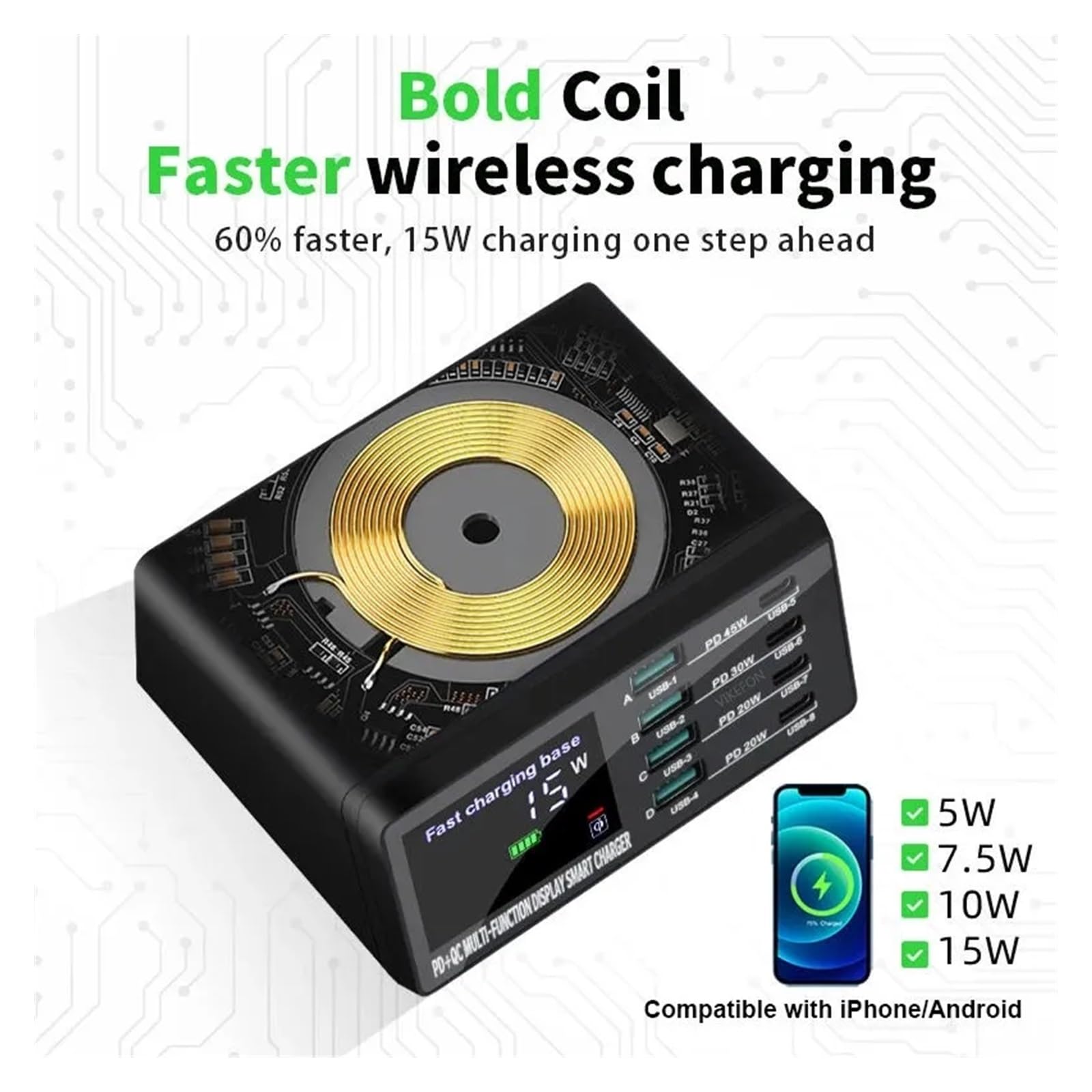 Rapide Chargeur, Chargeur sans Fil W, 8 Ports USB, Station de Charge Rapide QC3.0 PD3.0,Chargeur USB Voyage/Haute Vitesse
