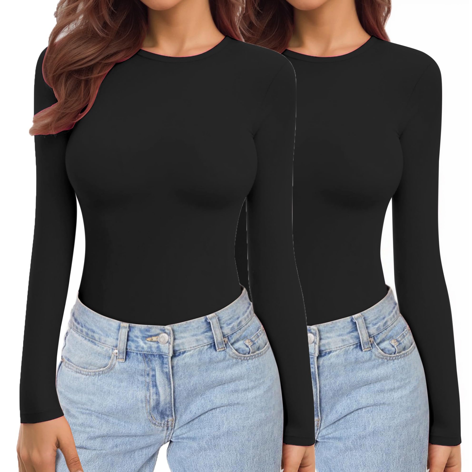 Ekouaer Damen 2 Pack Langarmshirt Rundhlas Unterhemd Layer Tee Warm Thermo Oberteil Slim Fit Basic Tops XS-XXL