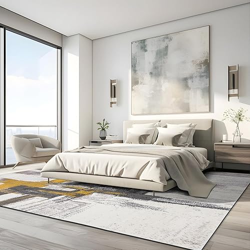 Miniatura 7 de Rugshop Alfombra abstracta moderna dorada de gran área, no desprende pelusa, para sala de estar, oficina y comedor, 8 x 10 pies