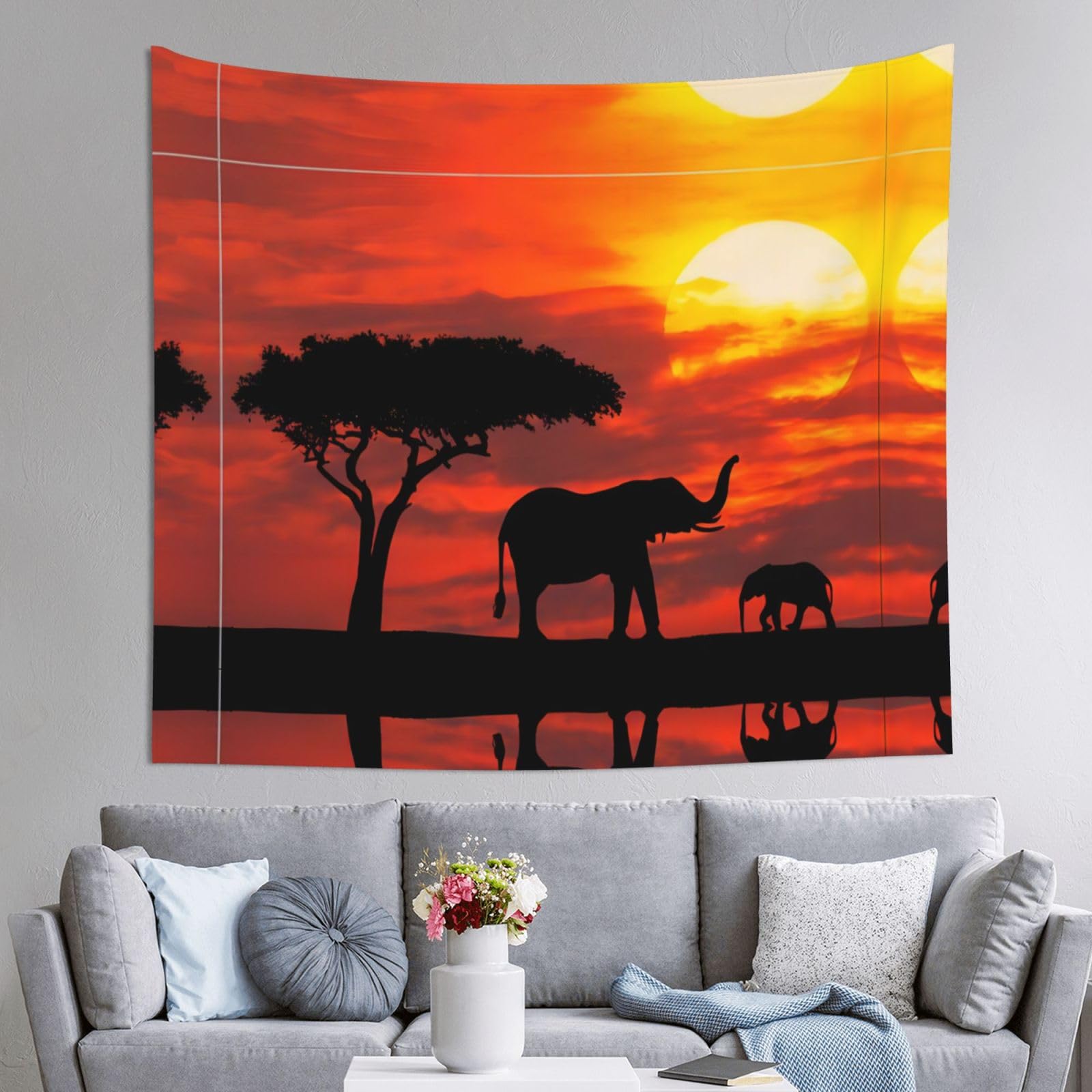 HLSBSSL 60x51in Elephant Sunset Printed Tapestry Tablecloth for Dormitory and Picnic Rooms - Multifunctional Fabric Hanging