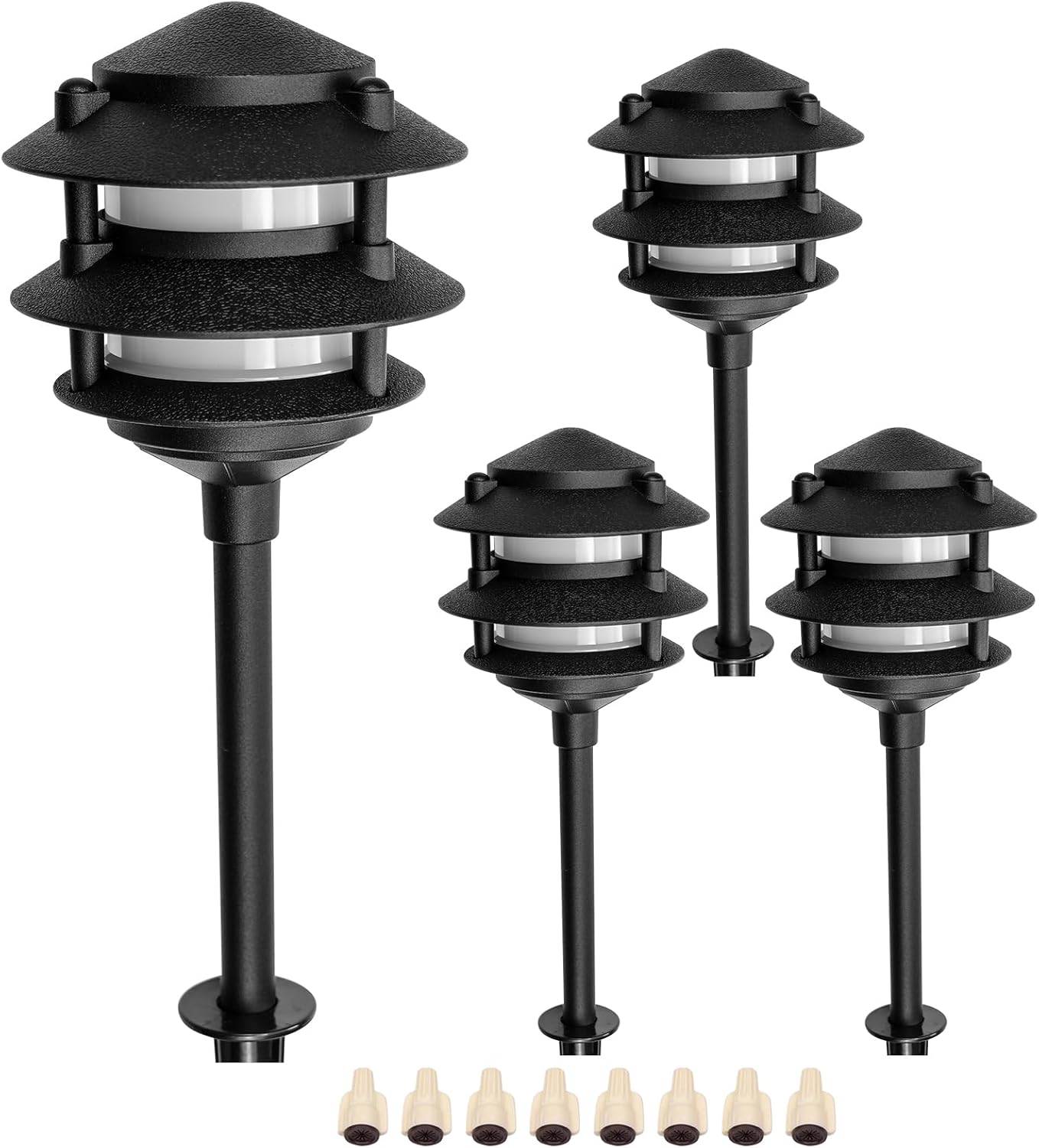 Lumina Lighting® Low Voltage Landscape Lighting Cast-Aluminum Pagoda Path and Area Light Warm White 4W G4 LED Bulb and ABS Ground Stake Included for Yard Walkway Lawn PAL0103-BKLED4 (Black,4-Pack)