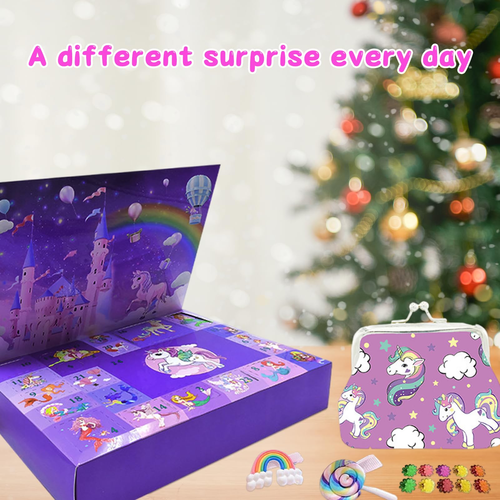 Moerstar Advent Calendar 2025 for Girls Kids Unicorn Christmas Countdown Calendar with Hair Accessories Jewelry Set Bracelets Keychains Glasses Unicorn Bag for Girls Christmas Gifts - Image 3