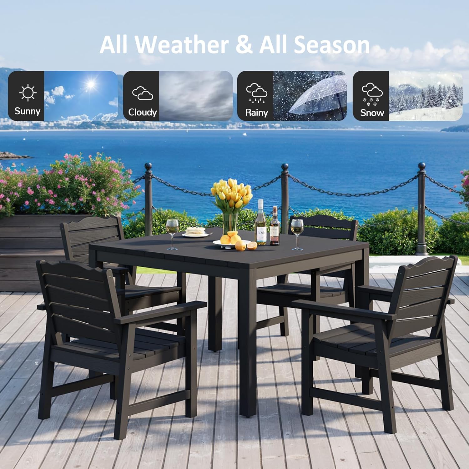 Outdoor Dining Table, Weatherproof 34" Square HIPS Patio Dining Table for 4, with 2" Umbrella Hole, Outdoor Table for Backyard Deck Poolside, Black