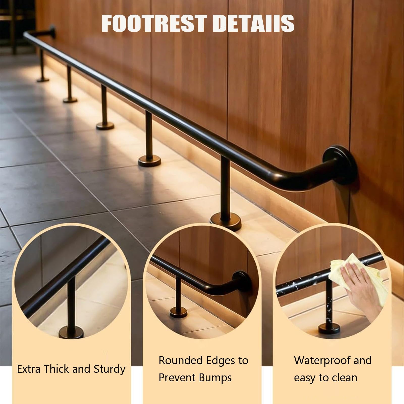 inless Zestaw balustrad stalowych, 5ft / 152 cm, czarna szyna nożna z akcesoriami do wewnątrz, na zewnątrz, pub, kuchnia, pojemność 150 kg