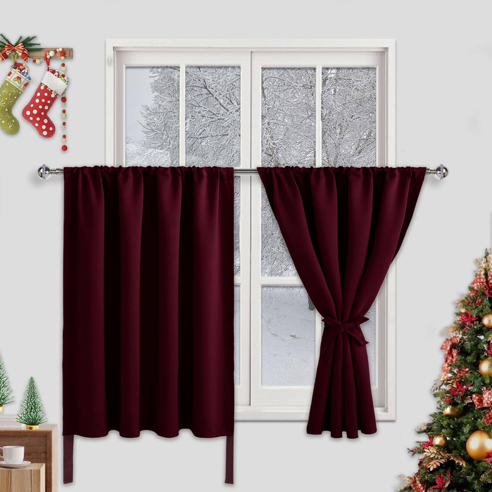 JIUZHEN Kurze Verdunkelungsvorhänge für kleine Fenster – Café-Raumverdunkelung, Privatsphäre, wärmeisoliert, Fenstervorhänge für Badezimmer, Küche, B 132 x L 91,4 cm, Set mit 2 Paneelen mit