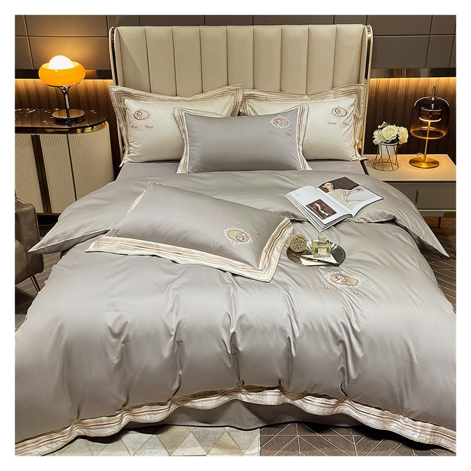 Bed Sheets Queen Egyptian Cotton Bedding Sheet Set 4 Piece Compatible with Luxury Embroidery Soft Silky Bedding Sheets