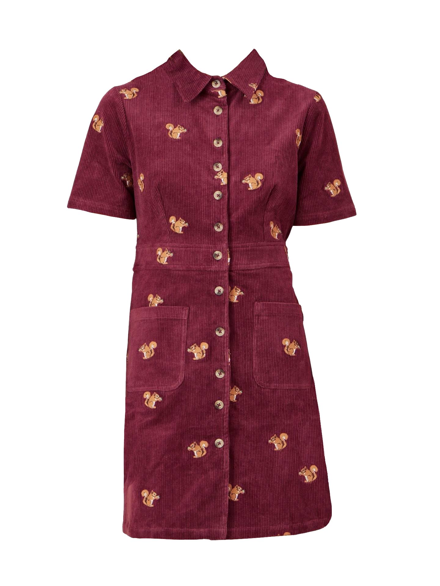 Yumi Burgundy Cord Shirt Dress with All Over Squirrel Embroidery (UK, Numeric, 16, Regular, Regular, Burgundy)