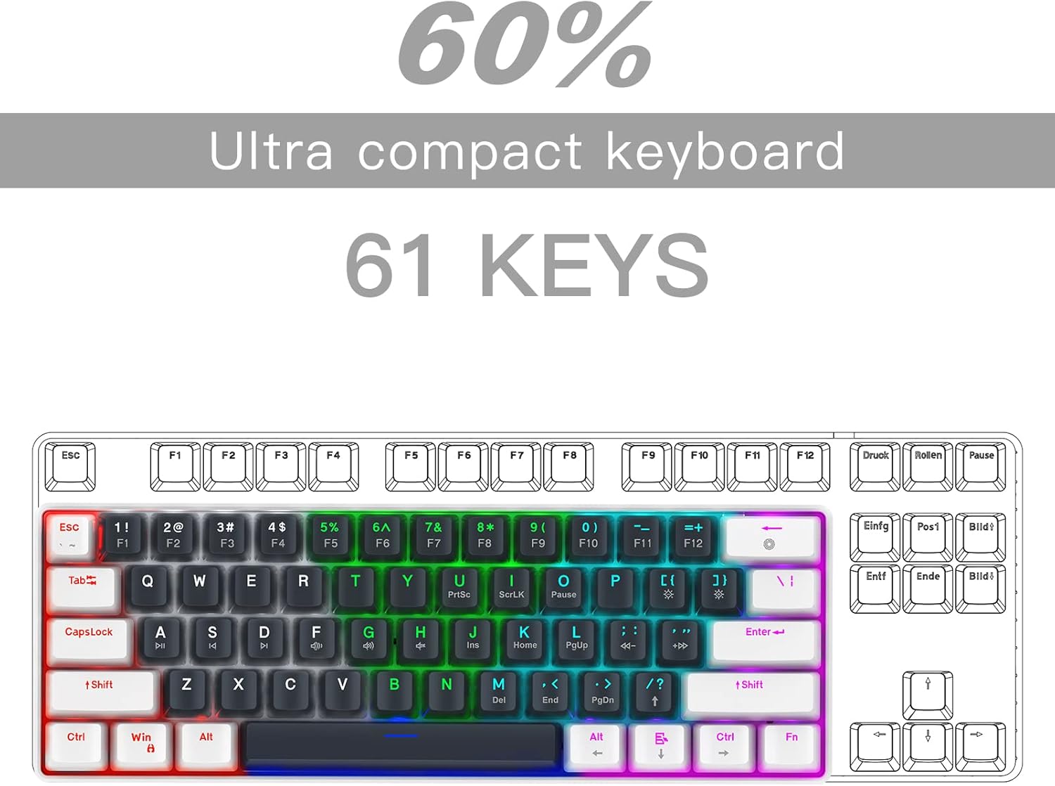 Portable 60 Percent Keyboard, Compact 61 Keys Mini Mechanical Keyboard for PC/Mac Gamer Switchable Colorful Backlit - Blue Switch - White+Black