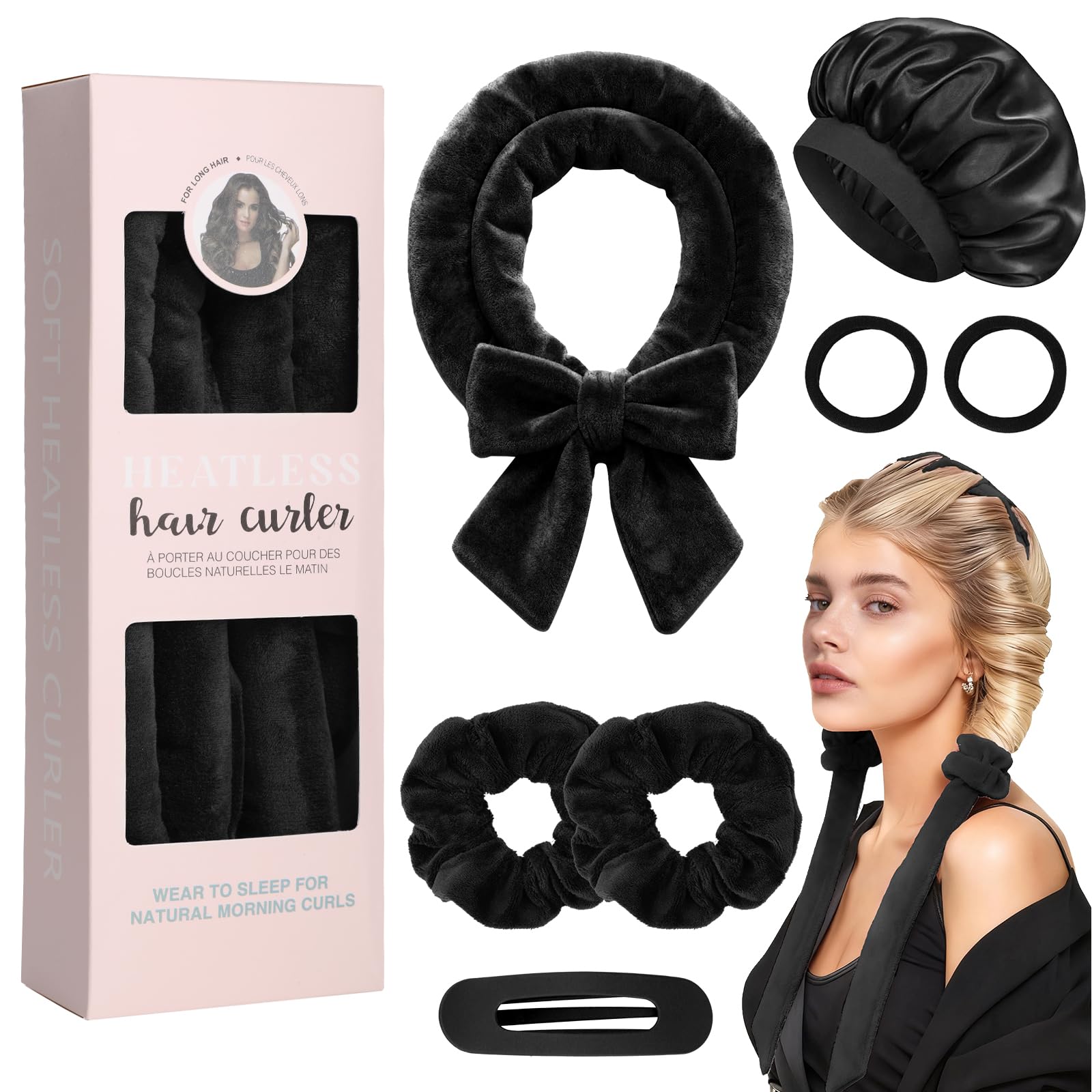 WD&CD Lokówka do włosów bez wysokiej temperatury, aksamitna lokówka na noc z czapką do spania, Heatless Hair Curler "zrób to sam", zestaw do włosów bez ciepła, do długich i średnich włosów, czarna