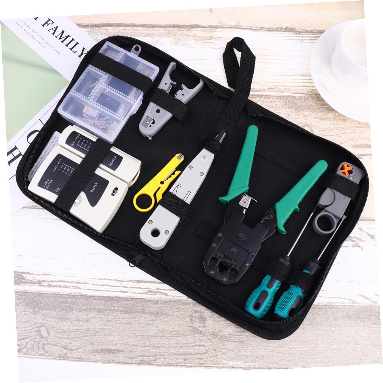 COLLBATH Kit D'outils Réseau 12-en-1 Testeur de Câble, Pince à Sertir en Métal et Paquet de Rangement, Outil D'installation pour Tests de Câbles Réseau et Téléphoniques