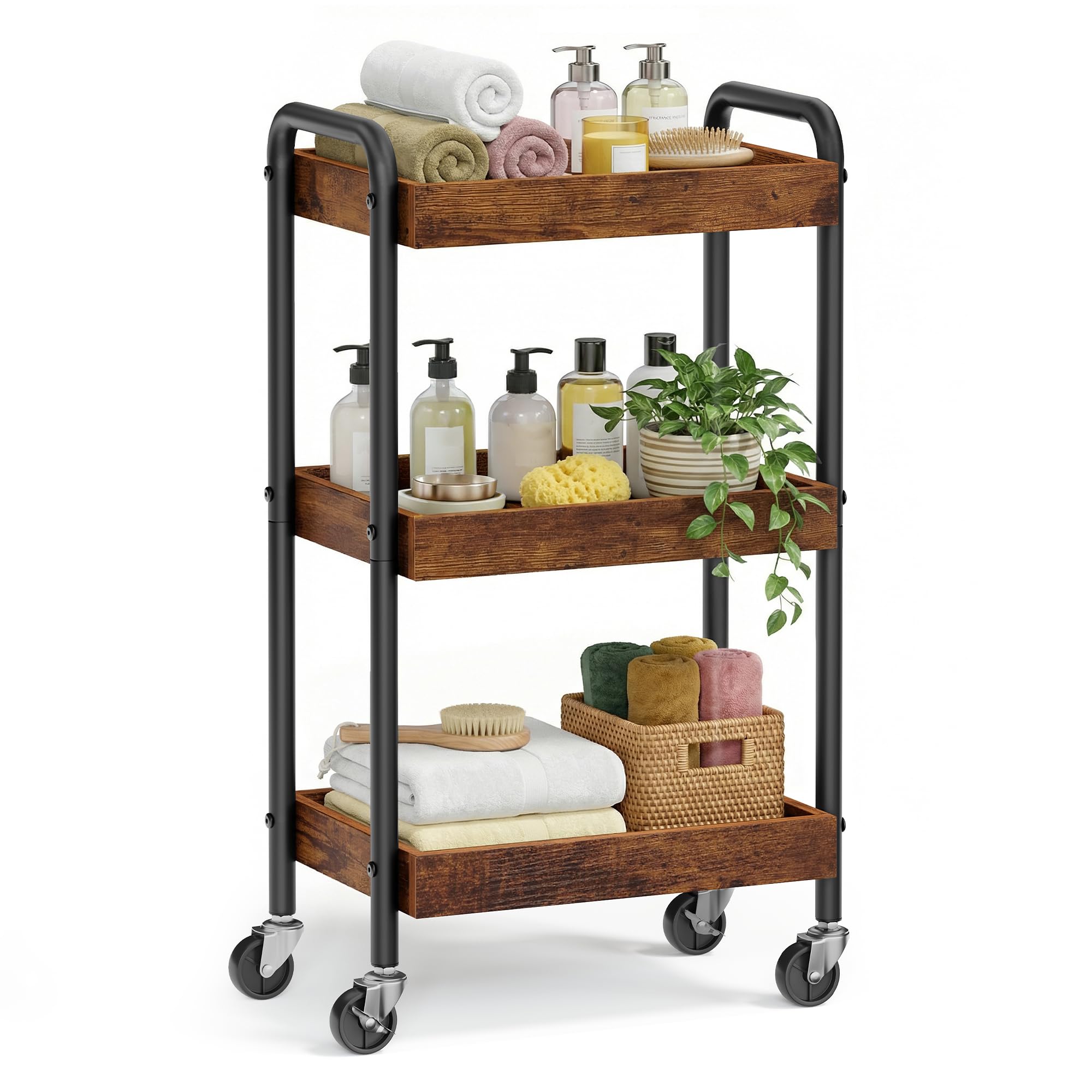 SONGMICS Storage Cart, Auxiliary Trolley, Kitchen Shelf with Handles, Easy Assembly, Bedroom, Bathroom, Kitchen, Steel Frame, 27.5 x 41.5 x 73 cm, Rustic Brown LRC081KD01