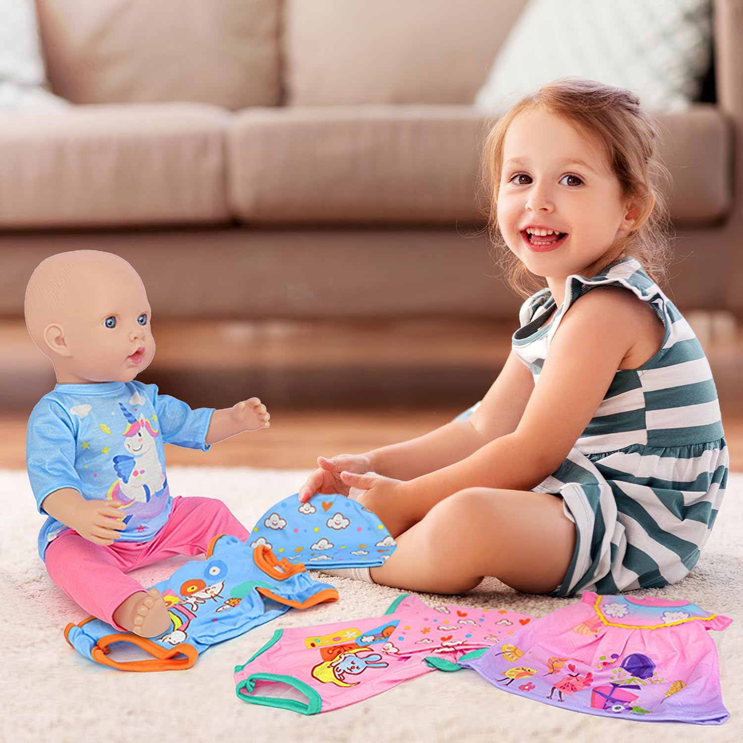 4 Set Baby Doll Clothes for 13-16 Inch, 7 Pcs 14-16 Inch Doll Clothes Accessories Dress Outfits Include Skirts, Top, Pants, Jumpsuit, Hats