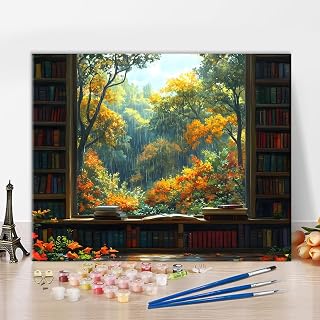 TUMOVO Bookcase Paint by Numbers Kit for Adults, Autumn Forest Paint by Number Kits on Canvas, Library Acrylic Painting by Numbers for Home Wall Decor Gifts 16"x20"(Frameless)