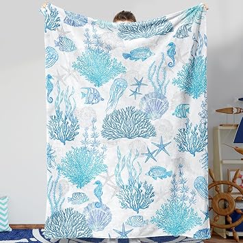 Blue Ocean Beach Throw Blanket Nautical Coastal Bed Blanket Starfish Seashell Coral Blankets Super Soft Flannel Fleece Throw Blanket for Couch Bed Decor 60 x80