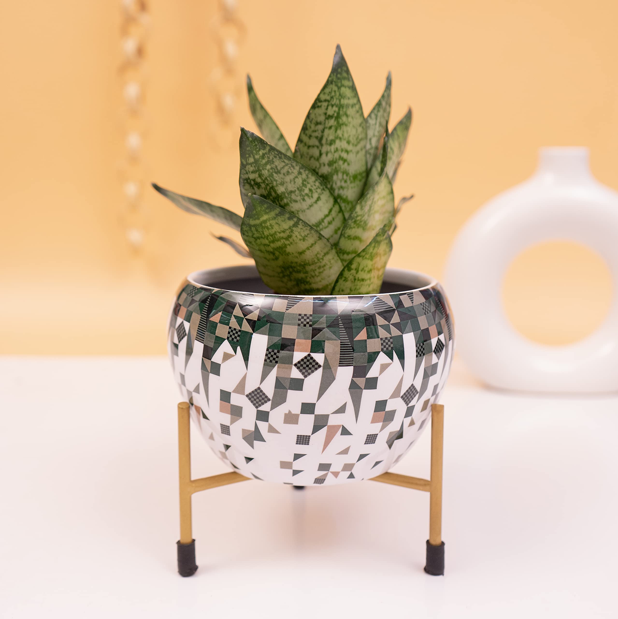 Kyari Distinct Green Geometric Print Metal Pot with Stand, Rust-Free Powder Coating, Indoor Outdoor Use, Home Office Decor, Plants Not Included, Pot Size: 10 * 13cm, Stand Height: 7.5cm (B09SLWYKBK) Amazon Price History, Amazon Price Tracker