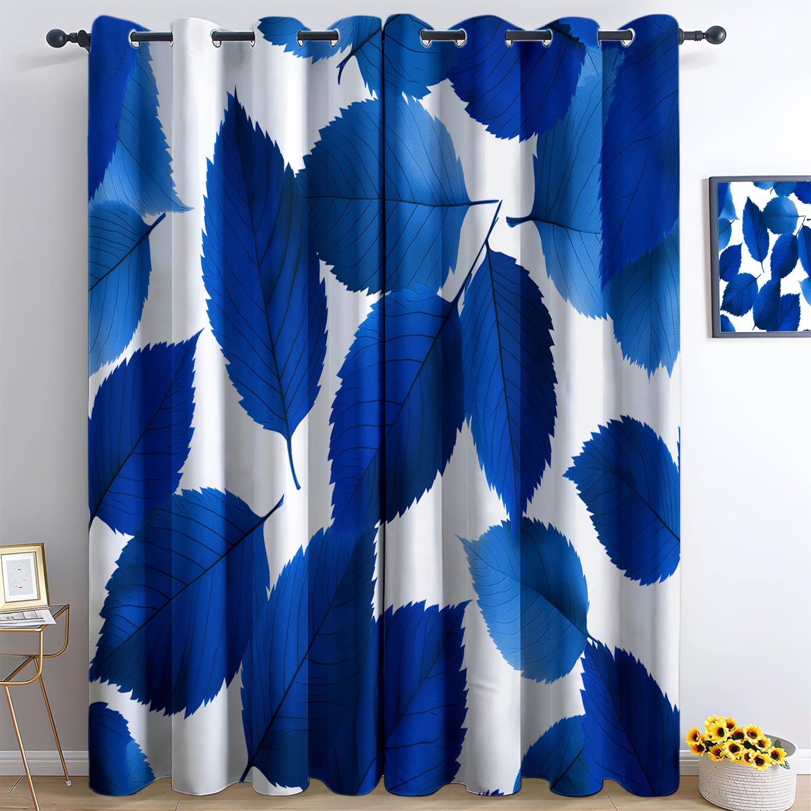 Blackout Curtains Minimalism Blue Leaves Eyelet Thermal Insulated Window Drapes, White 46” W x 90” L (2 Panels) Curtains for Bedroom Living Room Playroom