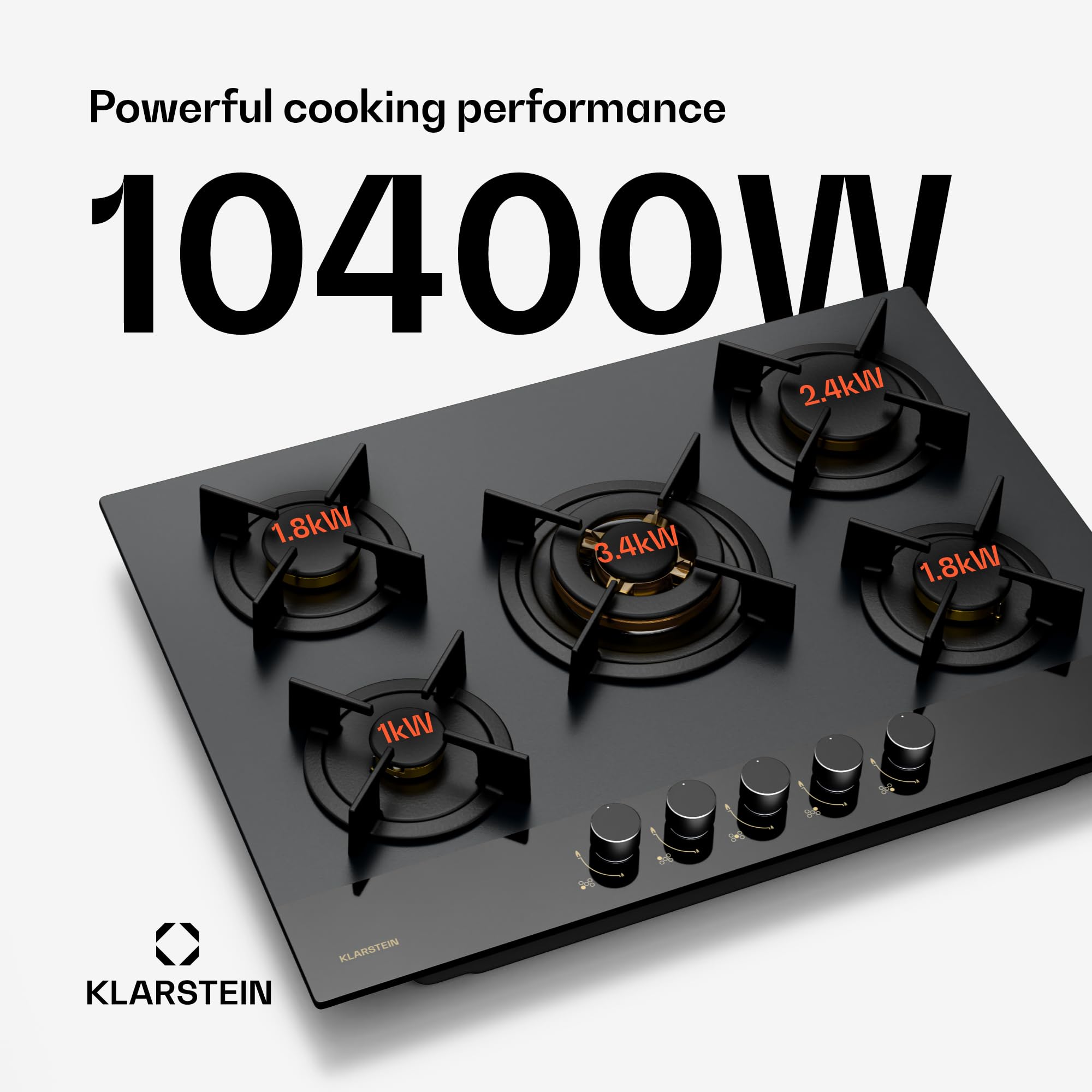 Klarstein Goldflame Nano Płyta gazowa, 70 cm, 5 palników mosiężnych, 10,4 kW, Palnik wok, Szkło z powłoką nano, Zabezpieczenie płomienia, Przezbrojenie na NG/LPG, Czarne pokrętła