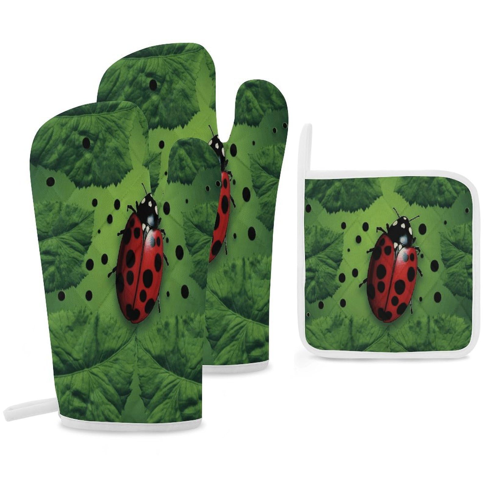 Fekiloot Style Green Leaf Ladybug Oven Mitts Funny Heat Resistant,Oven Glove With Hanging Loop,Resistant Hot Pads For Kitchen Baking Grilling Cooking