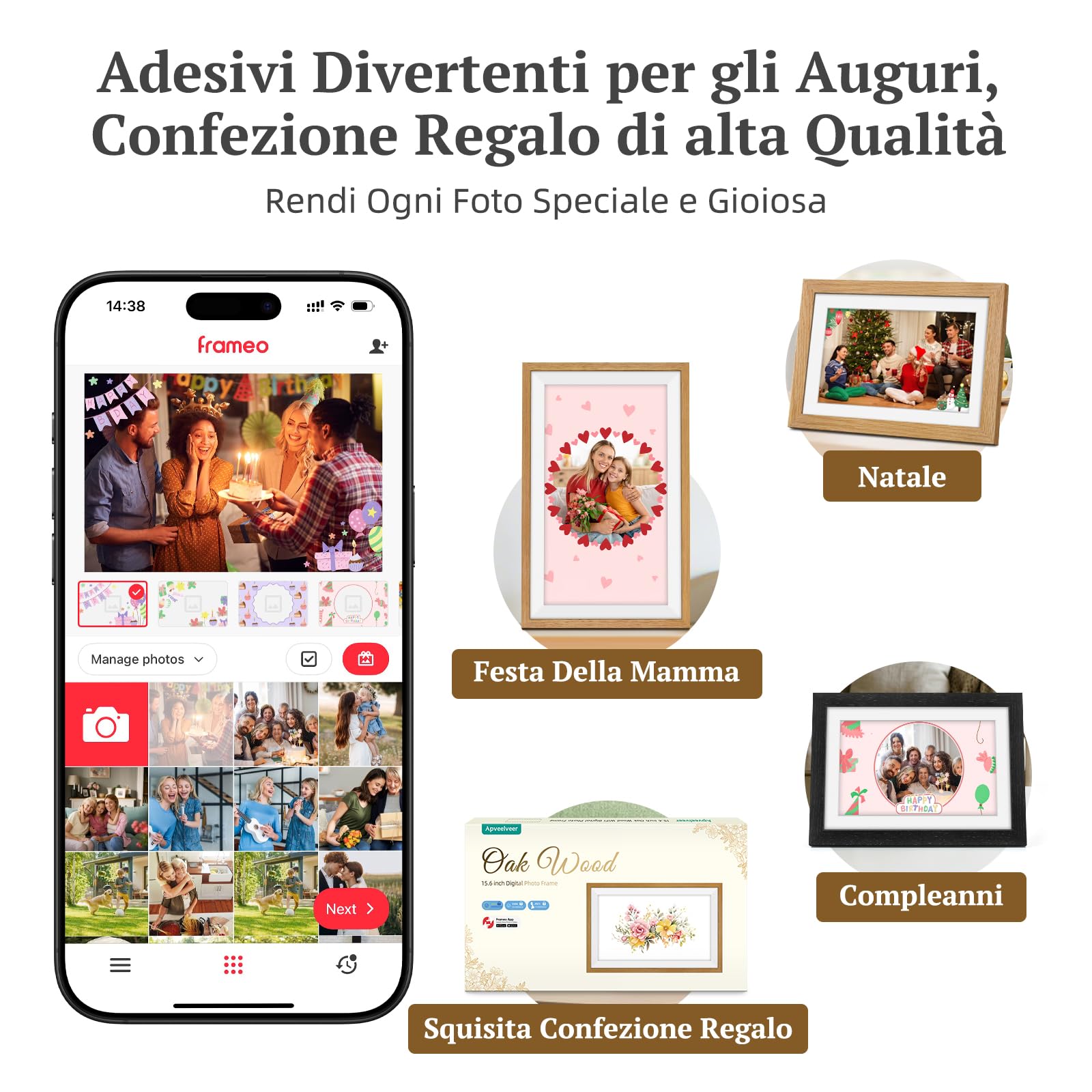 Frameo Cornice Digitale Foto Legno di Rovere 15.6 Pollici WiFi, Memoria da 32 GB, Touchscreen IPS FHD, Condividi Foto Video Tramite l'app Frameo, Regalo da Donna Uomo