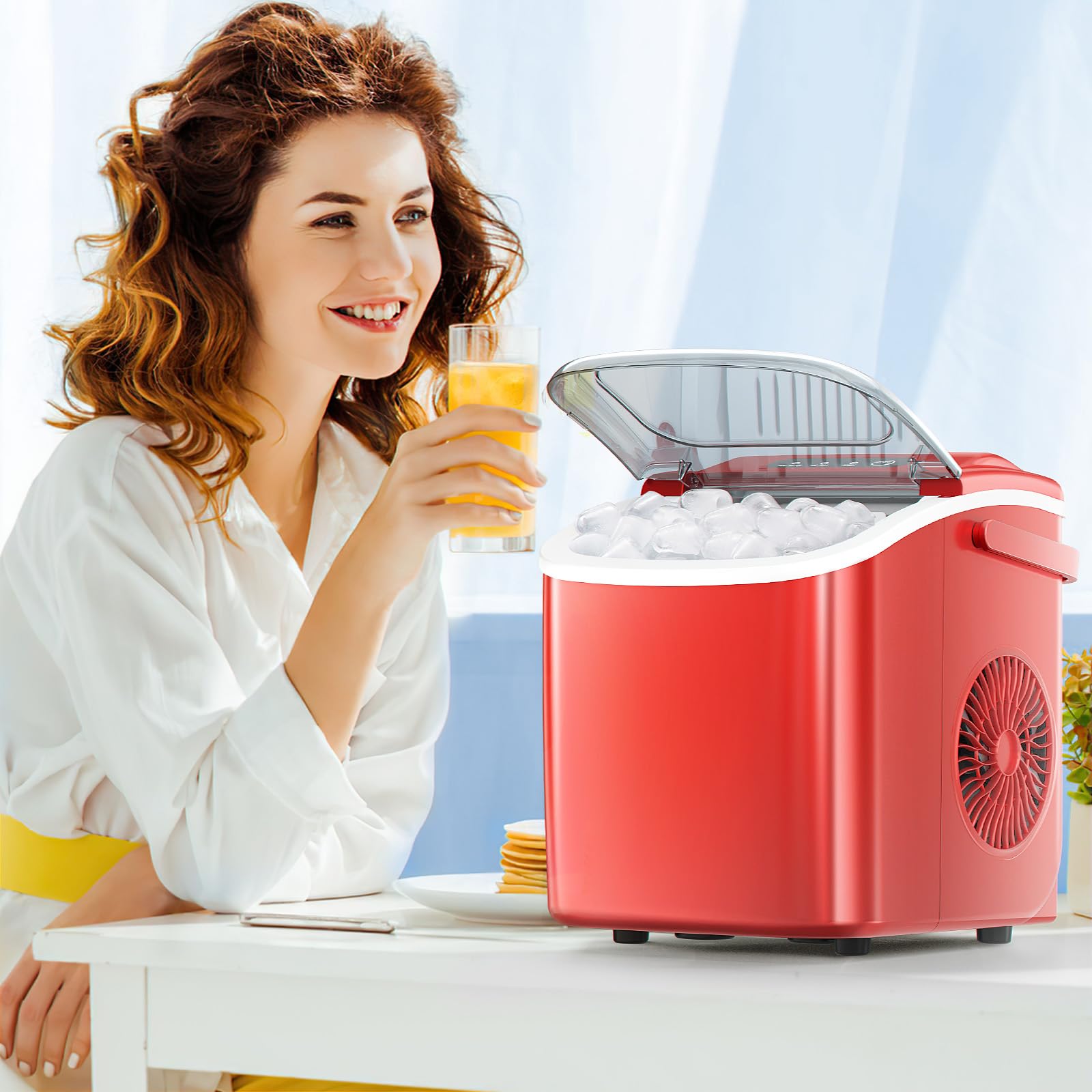ZAFRO Ice Makers Countertop with Self-Cleaning, 9 Bullet Ice Ready in 6Mins, 26.5Lbs/24Hrs, Portable Ice Maker with Handle/Ice Scoop/Basket for Home/Kitchen/Camping, Red on Fridge.com
