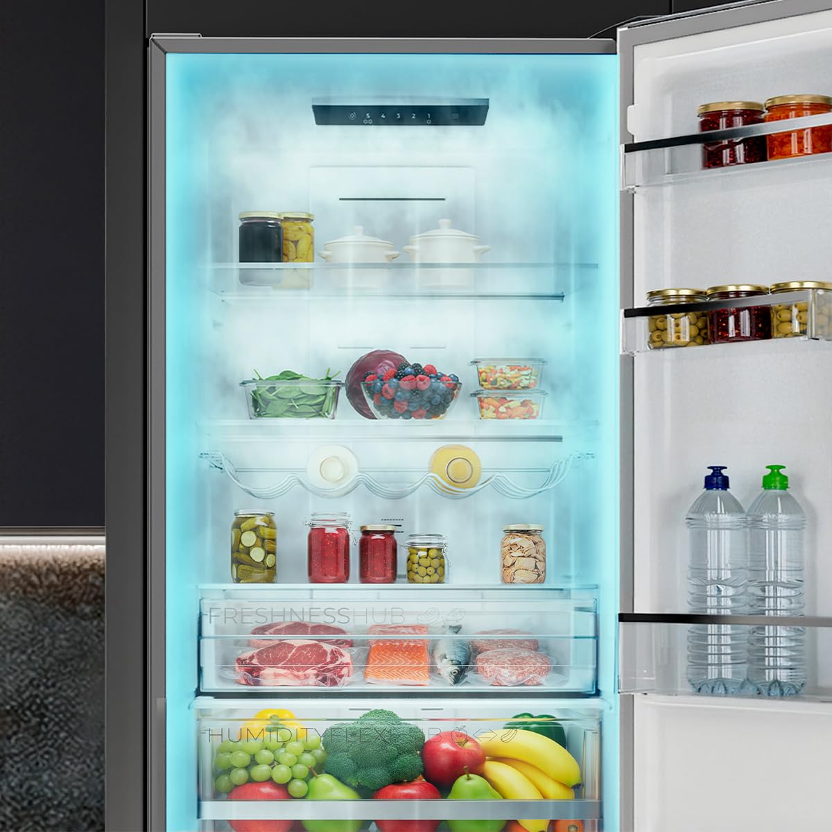 Cecotec Frigorifero Combinato con Dispenser Acqua 322L Bolero CoolMarket Combi 322i WD Inox D. Altezza 185,5cm, Larghezza 59,5cm, Tecnologia Multi Airflow, HumidityFlex HUB, LED Interno