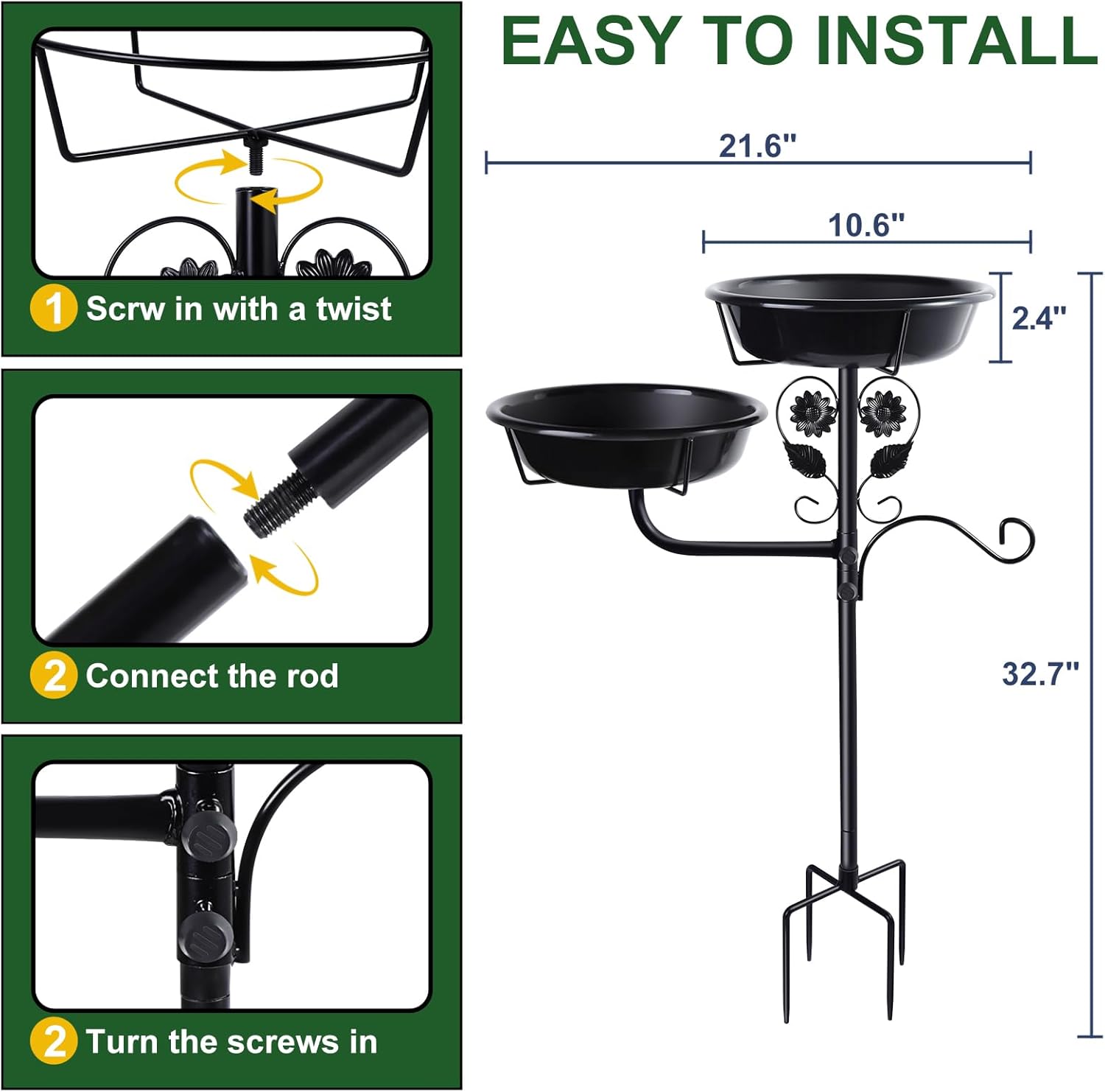 32.7 Inch Metal Bird Bath for Outside, Double Bowls Bird Baths for Outdoors, Freestanding Birdbaths for Outdoors Garden Decor, Bird Feeders Stand for Outdoors with Metal Stake,Garden Decor for Outside