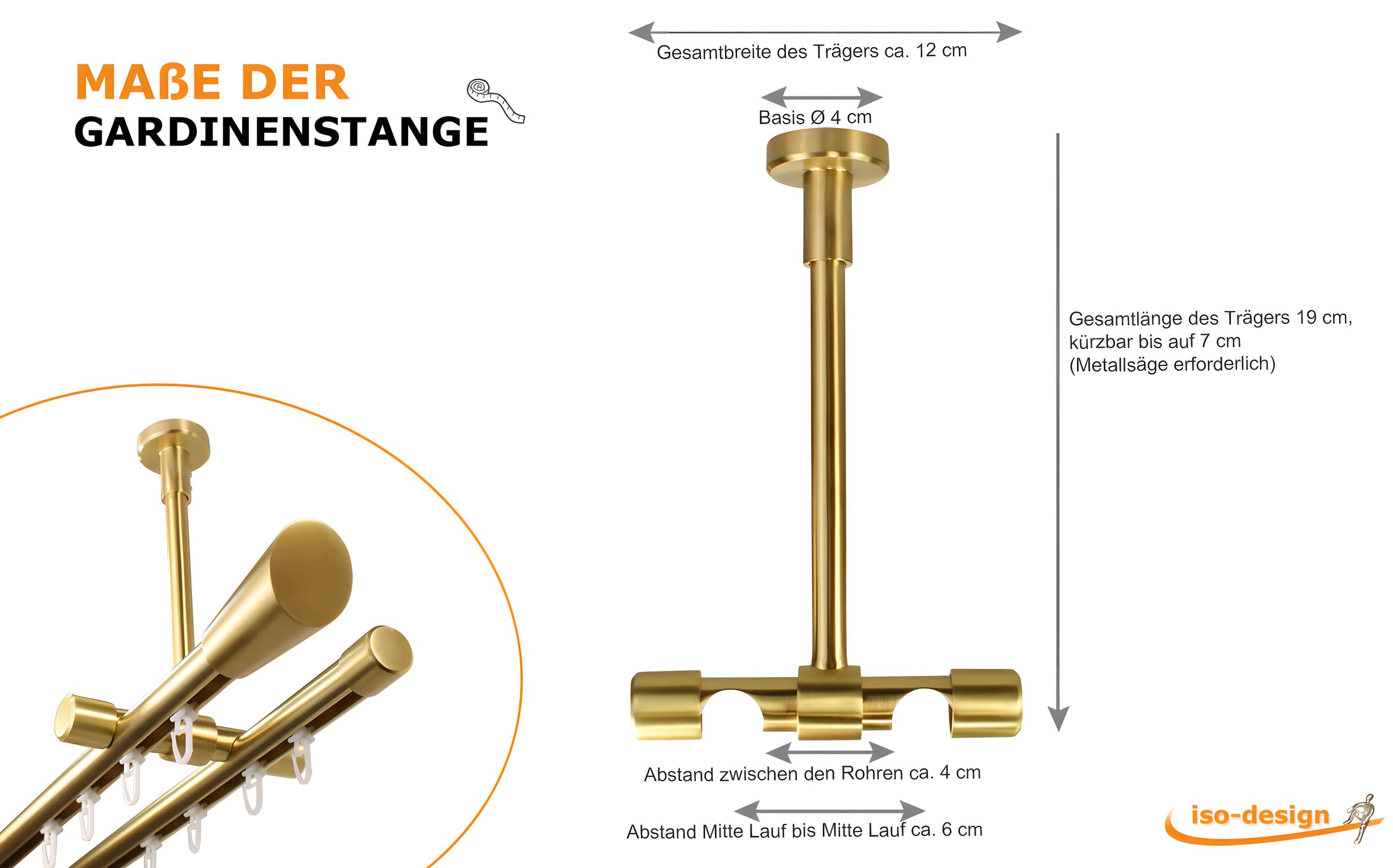 iso-design Gardinenstange Innenlauf 2-läufig zur Deckenmontage Messing matt 20 mm, großer Deckenabstand, Deckenhalter kürzbar, Endstück Digo, 120 cm