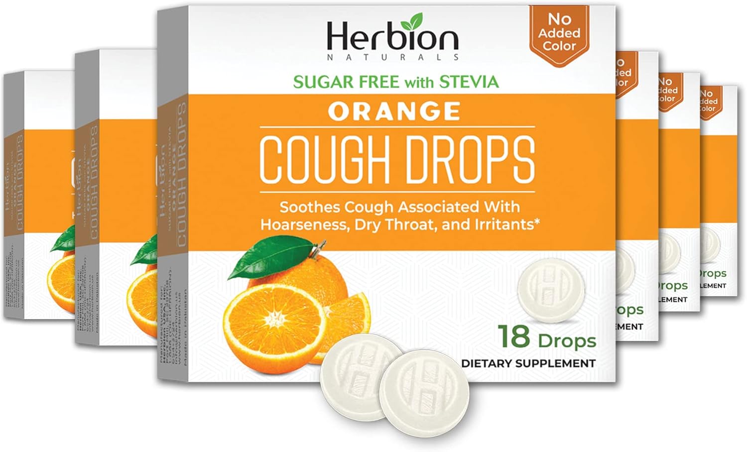 HERBION Naturals Cough Drops, Sugar-Free with Stevia, Dietary Supplement, Soothes Cough, for Adults & Children Over 6 Years, 18 Drops Each, 108 Count, Orange, Pack of 6