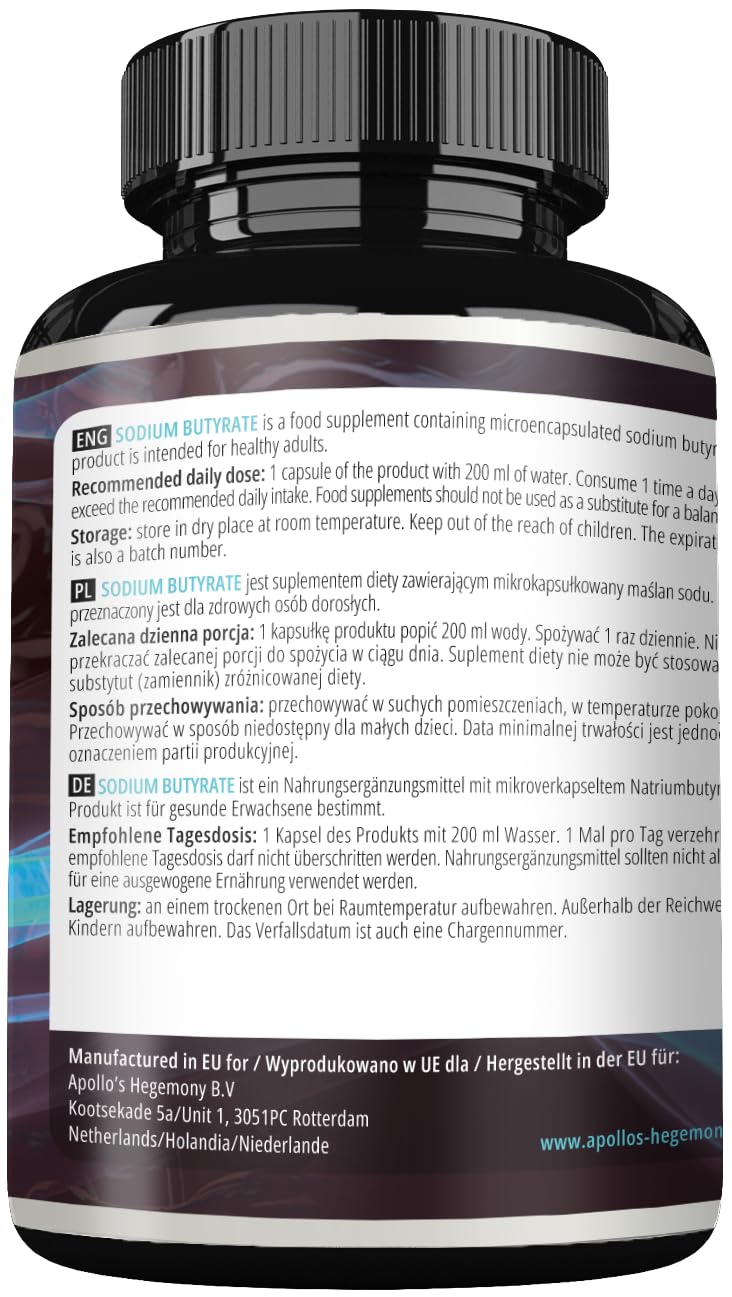 Sodio butirrato ad alto dosaggio 570 mg (30% di acido butirrico), 240 capsule vegane, fornitura di 8 mesi, integratore per sostenere la rigenerazione della barriera intestinale - Apollo's Hegemony