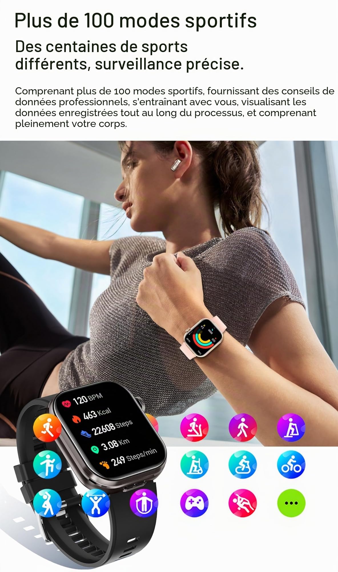 AIEK Smartwatch pour Femmes et Hommes, Oreillette Bluetooth, Appel Bluetooth, Fréquence Cardiaque, Pression artérielle, Montre Fitness Tracker pour iOS Android, Grand écran 2.02" (Noir)