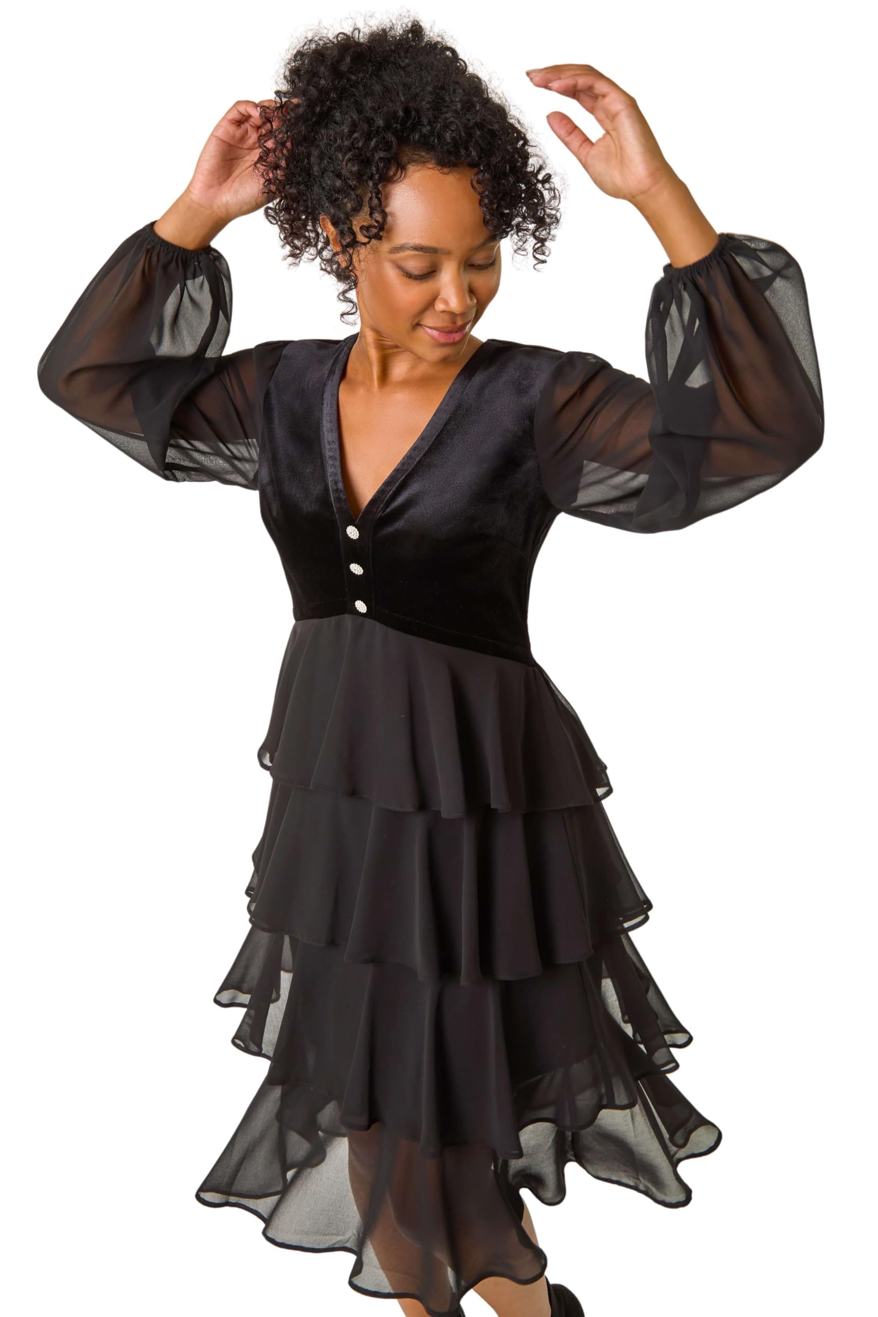 Roman Women's Petite Velvet Tiered Midi Stretch Dress in Black | Size: 14