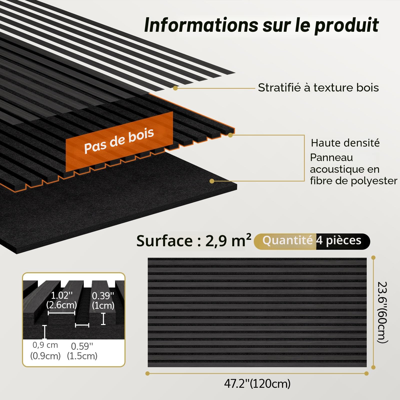 TONOR Lot de 4 Panneau Acoustique en Placage de Bois, 120x60x1,9 cm, Dalle Murale Autocollante, Absorption de L'écho, Mousse Décoratif en 3D, Panneaux Insonorisants pour le Salon, le Bureau, Noir