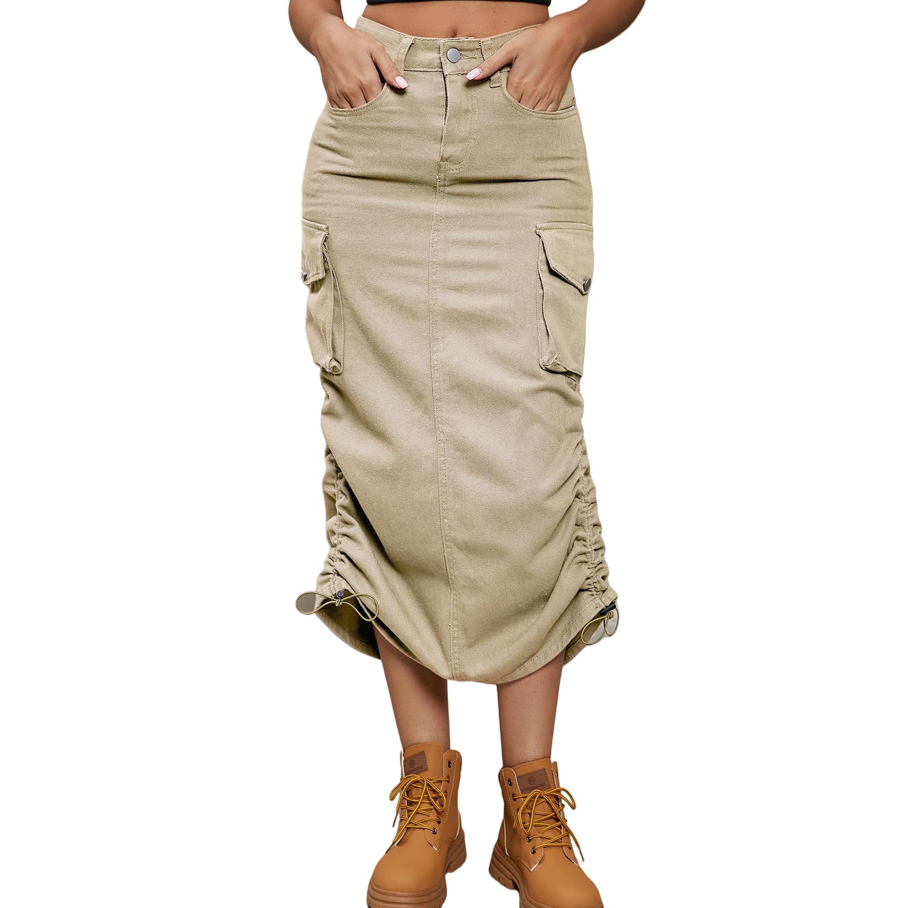 Gonne da Donna, Gonna Cargo in Denim Donna Midi Skirts Vita Alta Coulisse Stile Y2K Tasche Stile Vintage Stile Streetwear per Ufficio e Uso Quotidiano.