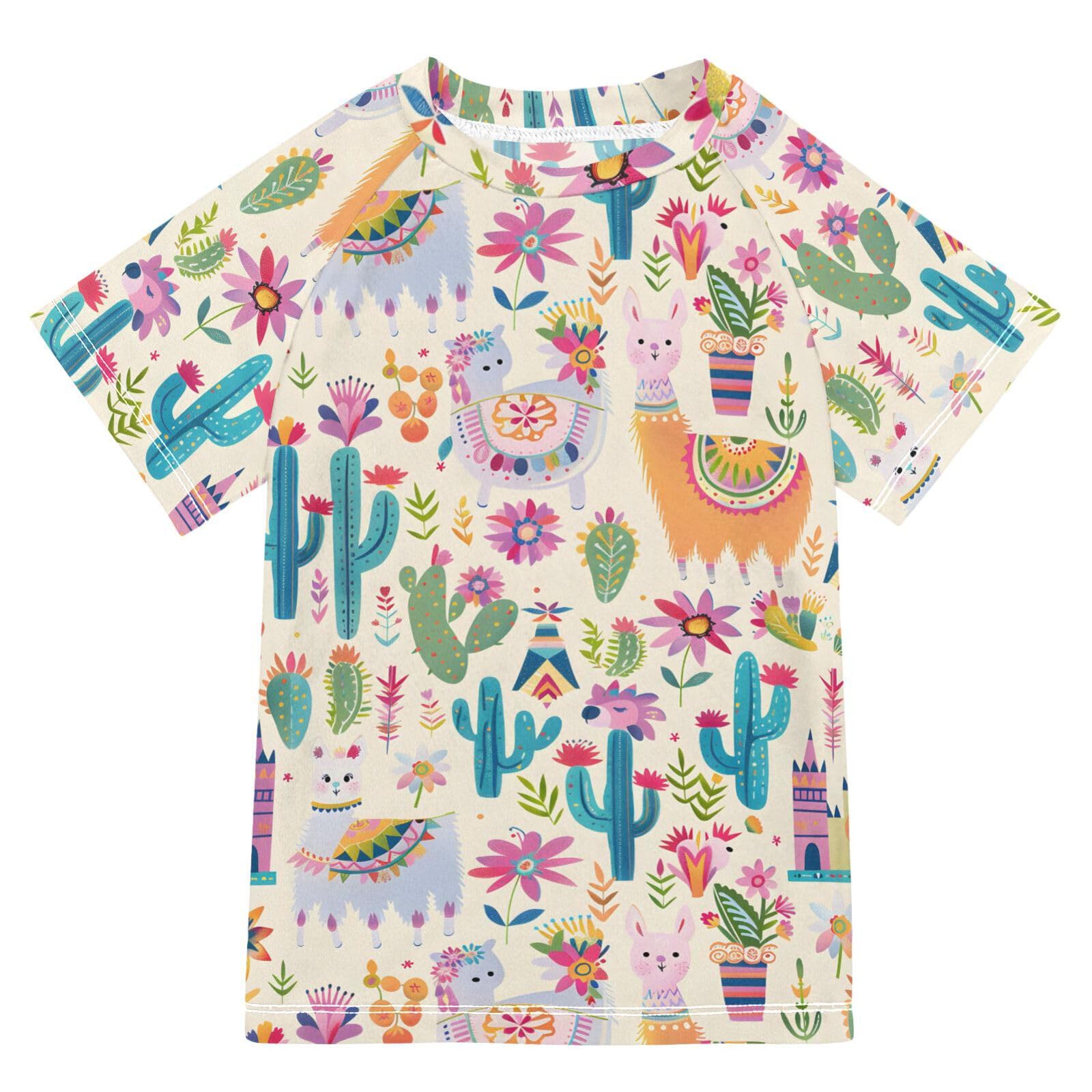 ALAZA Kids Rash Guard Boys Toddler Swim Shirts Short Sleeve Cute Llamas Castles UPF 50+ 3T