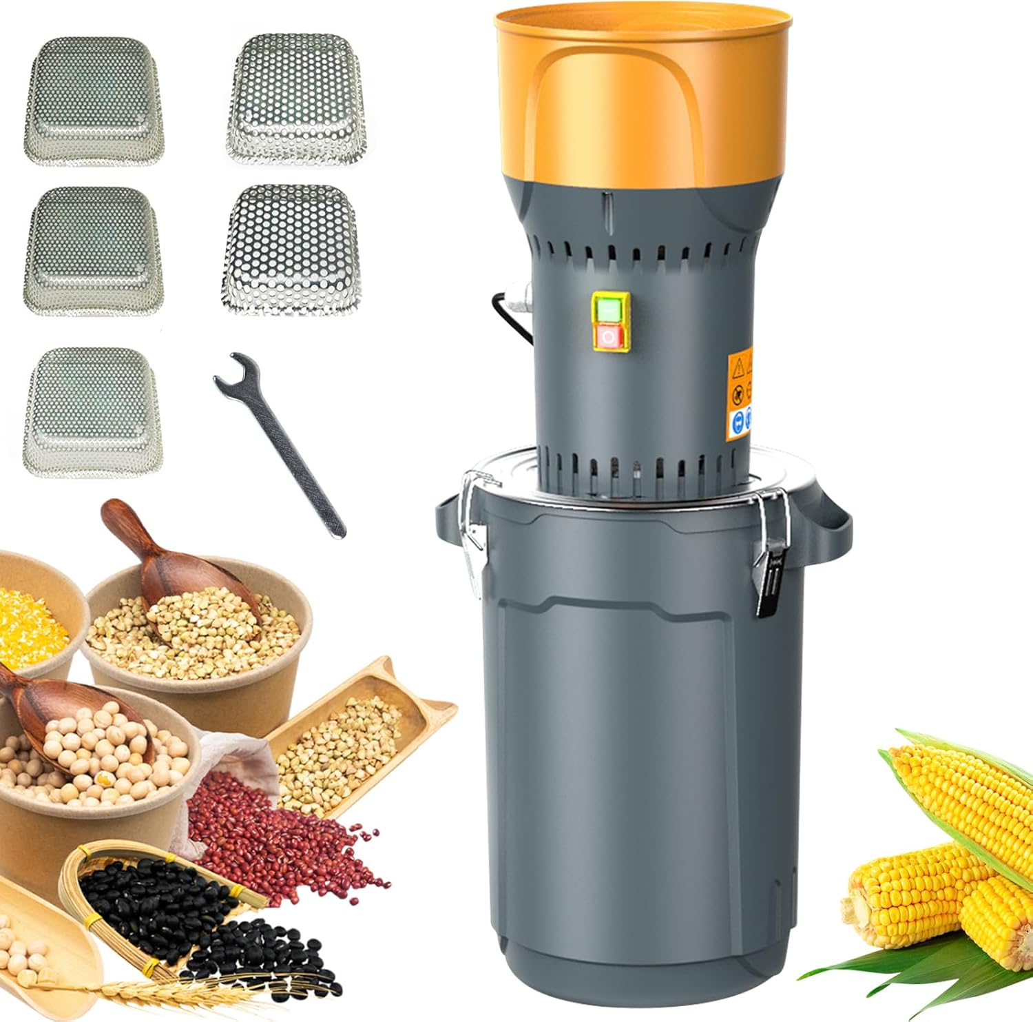 Eachbid 25L Grain Mill Grinder, 1300W Electric Grain Grinder Mill, Detachable 6.6 Gal Bucket & Hopper, with 5 Grinder Sieves+1Wrench, Feed Mill Dry Cereals, Corn Grinder, Wheat Grinder, Molino de Maiz