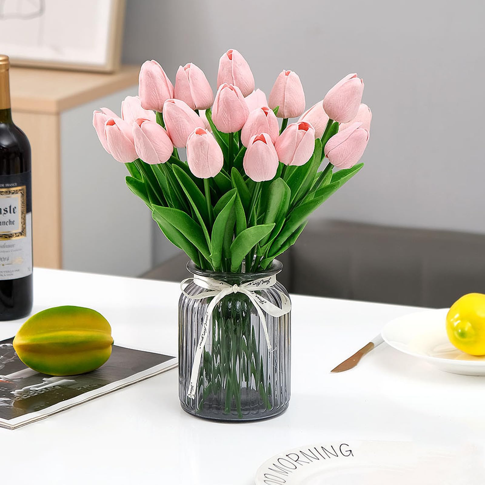 Ubrand Gowwfud 20 tulipani artificiali in poliuretano al tatto, stelo singolo, bouquet di fiori finti, per casa, feste, matrimoni, decorazione ( rosa