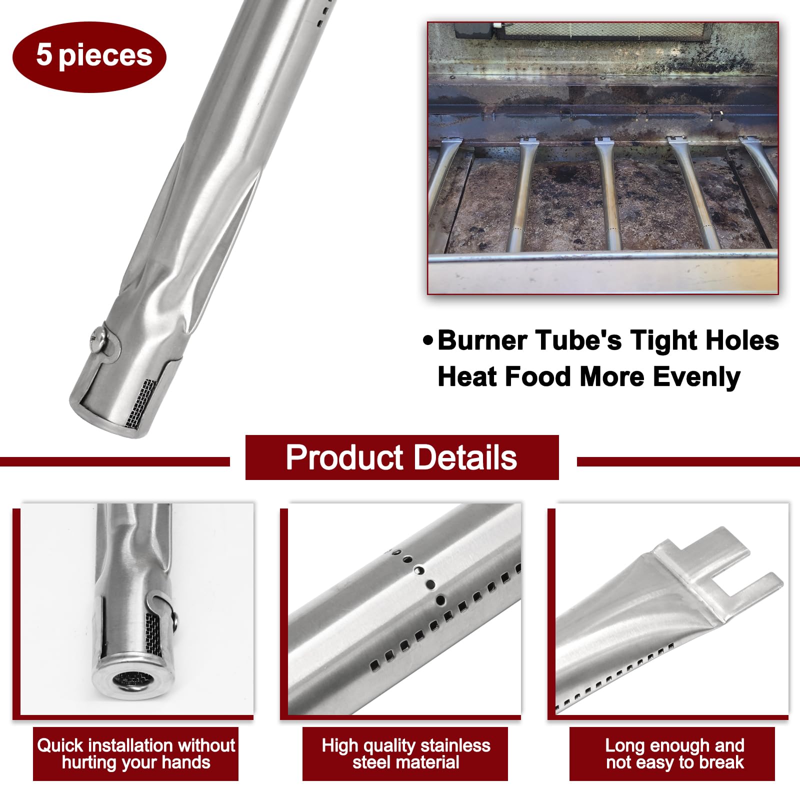Grillbrenner-Rohre Aus Edelstahl – 43,2 Cm, 5er-Pack, Ersatz Für Ducane Stainless/Meridian Serie 5-Brenner-Modelle