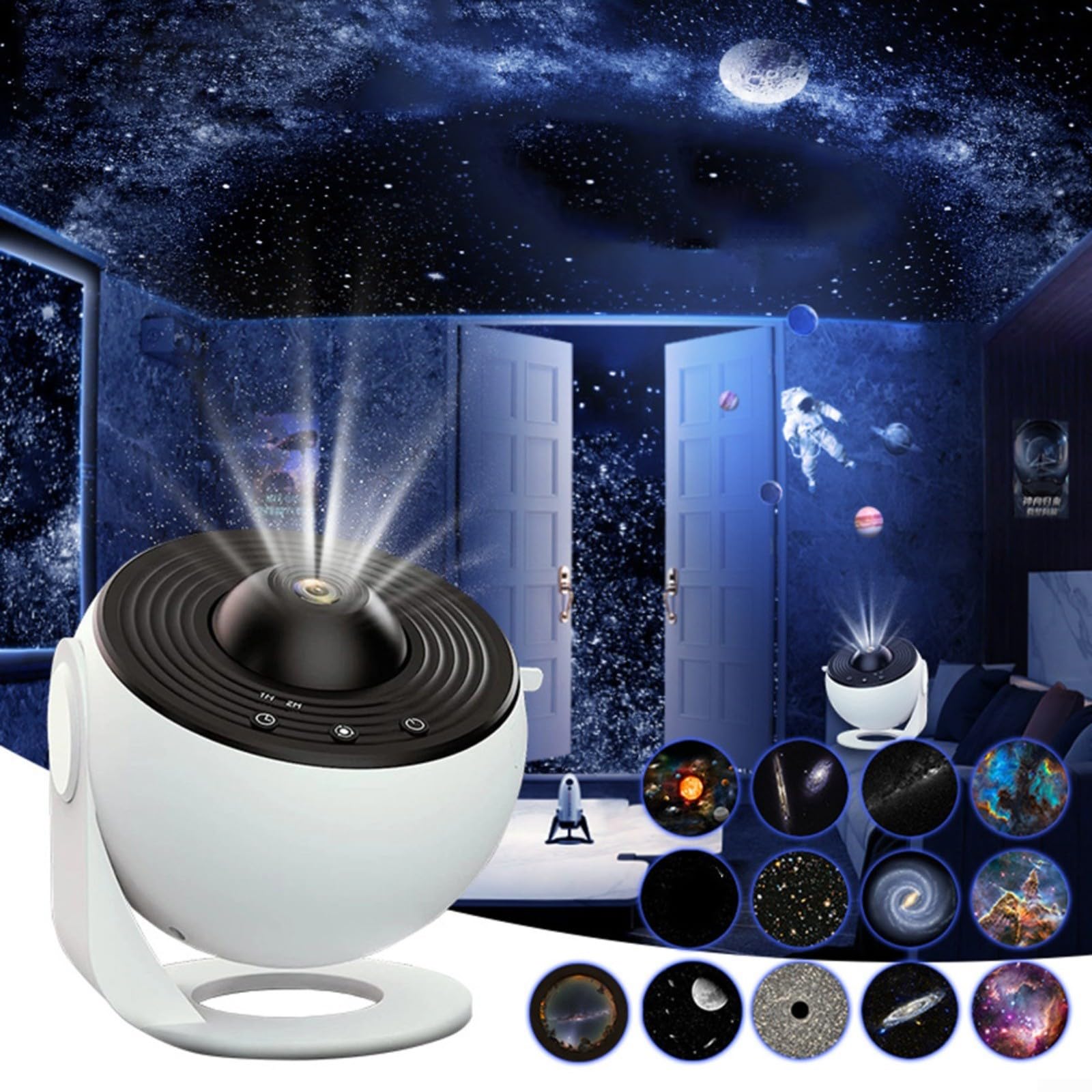 Proyector de estrellas compacto de luz nocturna, lámpara giratoria de 360° con controles fáciles para dormitorio techo y ambiente de fiesta, blanco (negro)