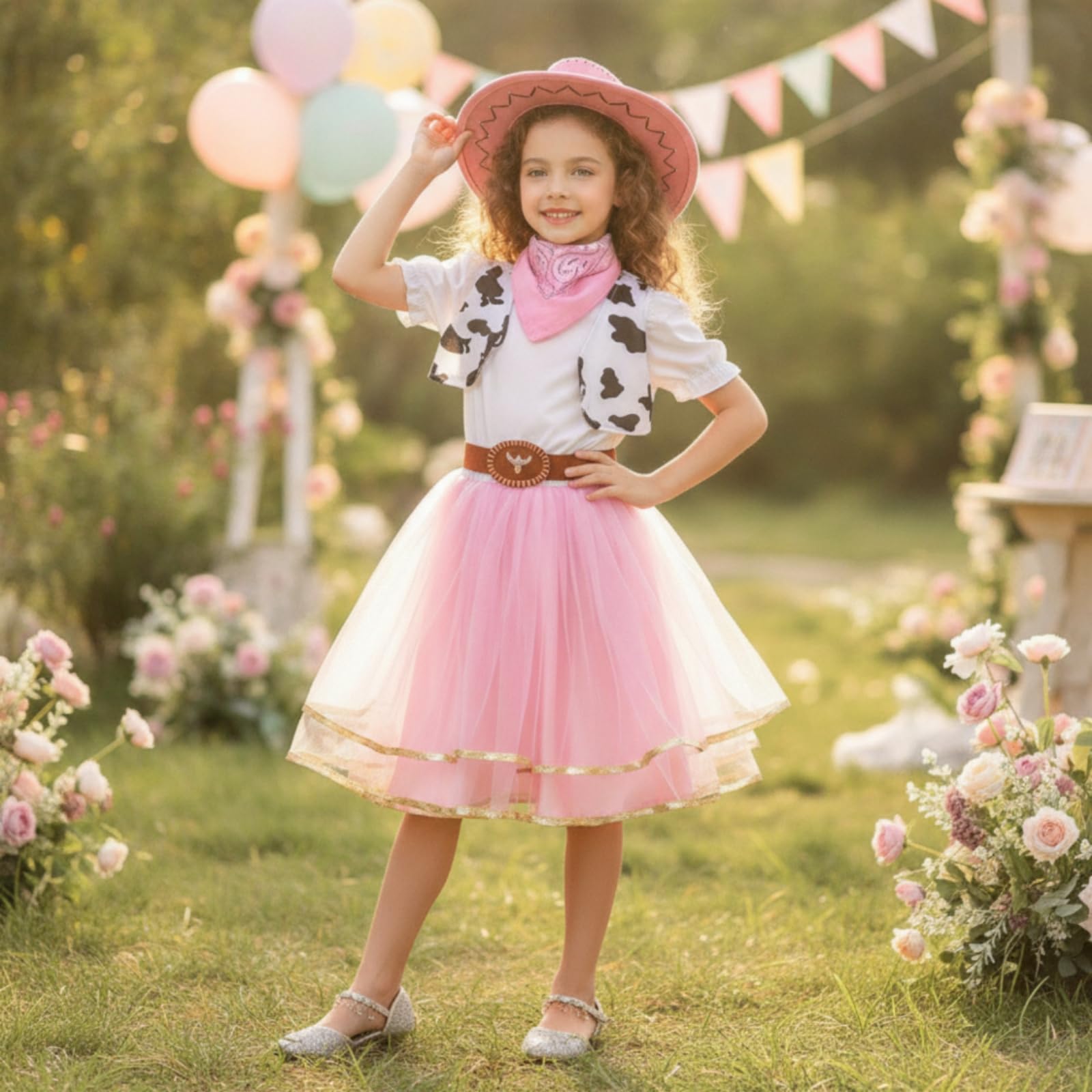 TISHITA Children Costume Dress Abito Costume Bambina Vestito Western Cappello Cintura Fazzoletto Tulle a Strati Corpino Sagomato Svasato Morbido Traspirante