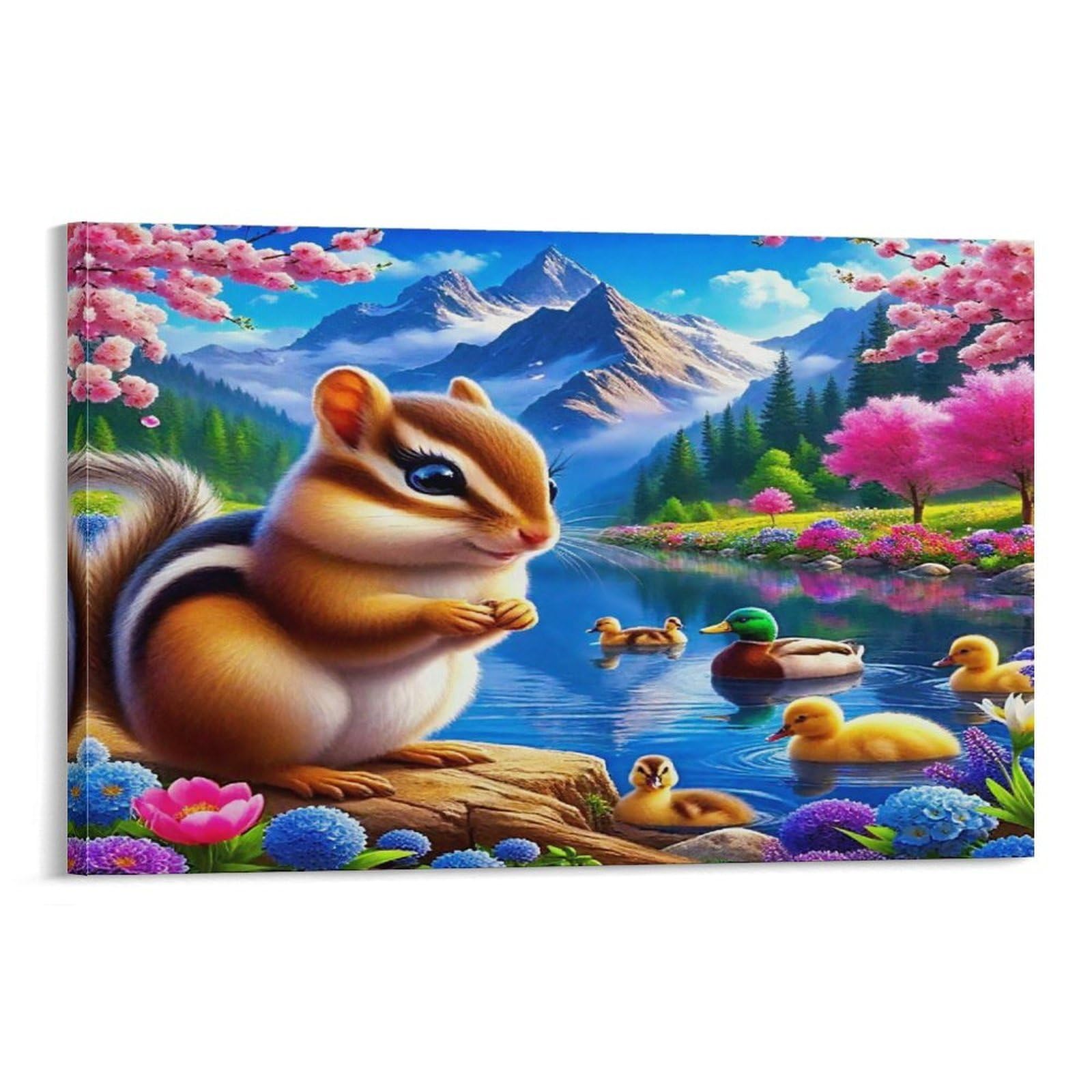 Squirrel by Waterfall with Goldfish And Flowers Single Chipmunk Watching Ducks by Mountain Lake Canvas Print - Living Room Gallery Wall Statement Piece Fade Resistant Ready to Hang 20x30inch(50x75cm)