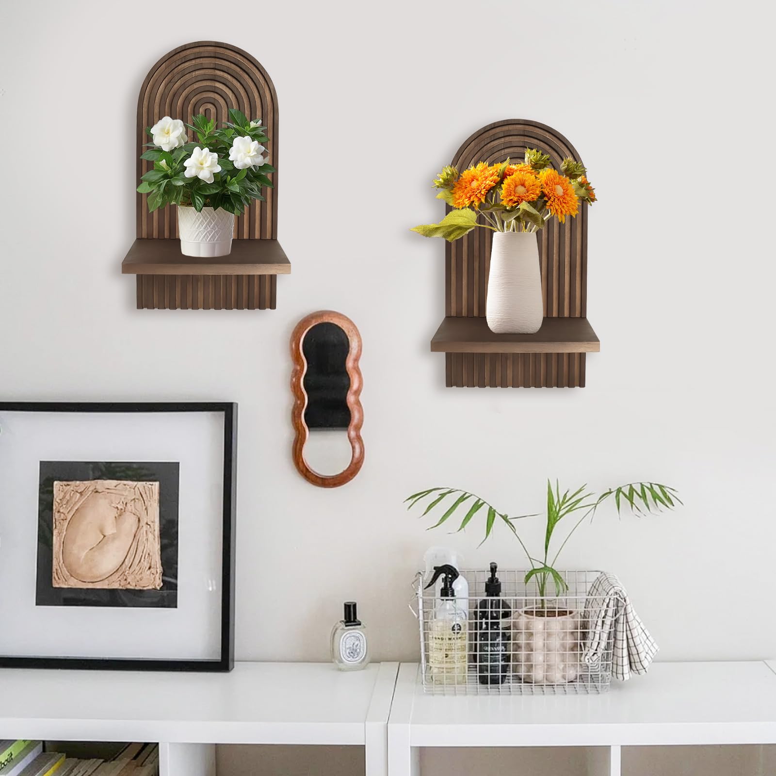 Yallmie 2Pcs Bohemian Wooden Wall Shelves, Bohemian Hanging Shelf Display Wooden Rainbow Wall Shelf - Image 2