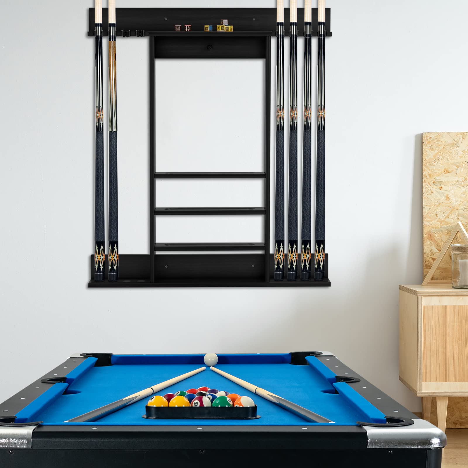 GYMAX Porte Queue Billard Mural en Bois de Pin avec 8 Trous, Support de Queues de Billard pour Salle de Jeu, Club, Bar (Noir)
