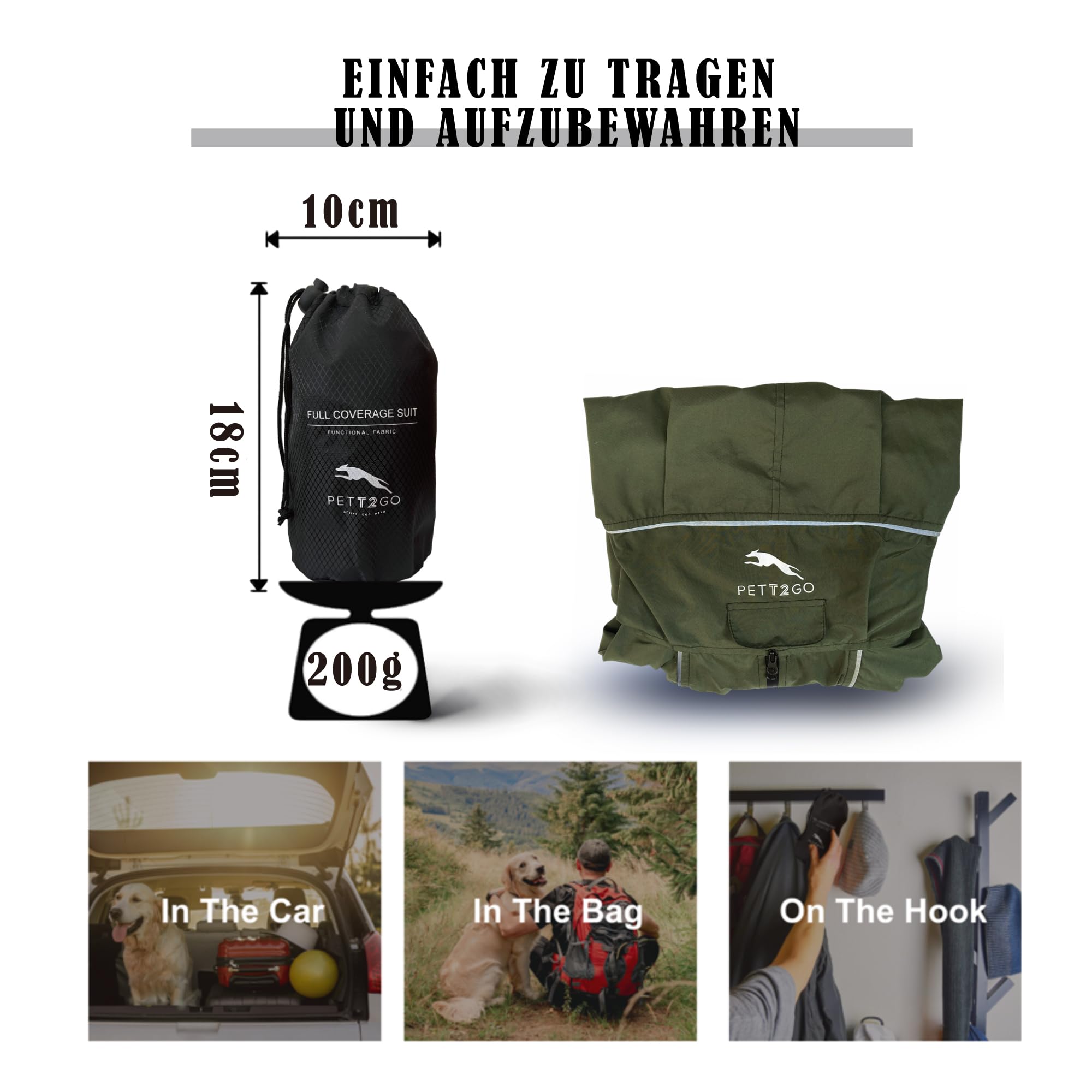 Windjacke, leicht, für Hunde, Mantel mit Beinen, mit Kapuze, Loch für Leine, reflektierend, kompakt – Dunkel Olivgrün-XL (Rüde)