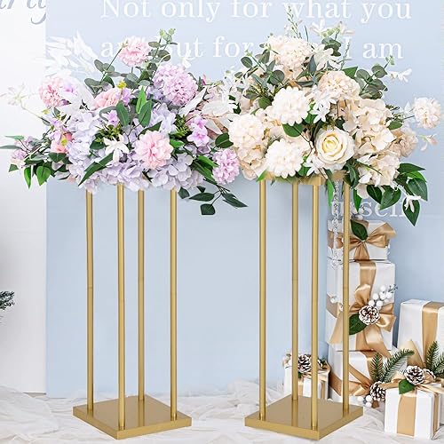 Miniatura 2 de VINCIGANT 2 soportes dorados de flores de boda de 23.6 pulgadas para decoración de boda, soporte de flores de columna de metal, estante rectangular