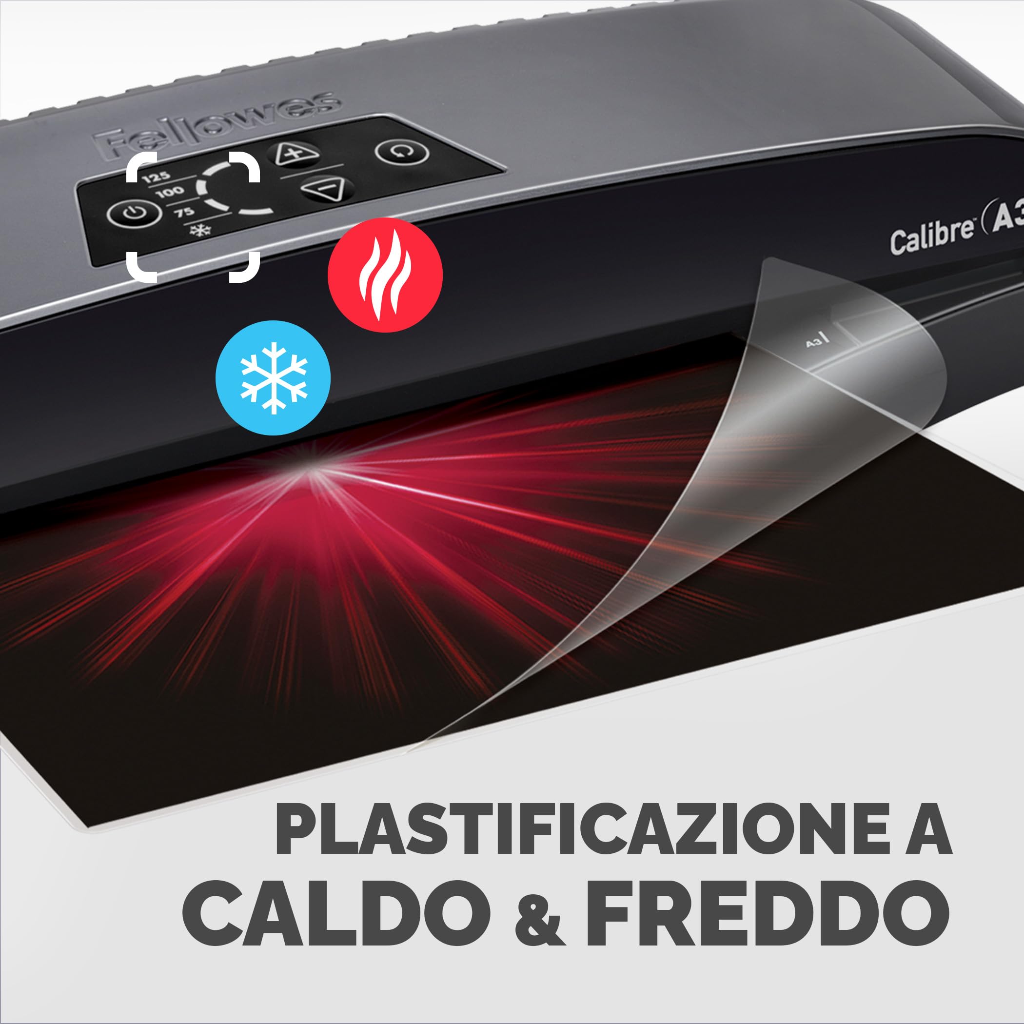 Fellowes Plastificatrice A4 Calibre per piccoli uffici, Pronta in 1 minuto con Spegnimento e modalità Riposo, 80-125 Micron, Kit con 10 fogli A4 per plastificazione incluso, Nero
