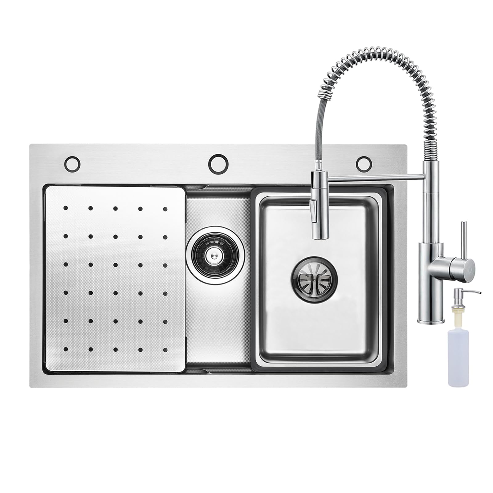 CECIPA Evier Cuisine 1 Bac 70x45 CM, Evier Inox avec Egouttoir et évier mobile et planche à découper,lavabo cuisine avec Trous pour Robinets et Distributeur de Savon, Argenté avec Robinet Ressort