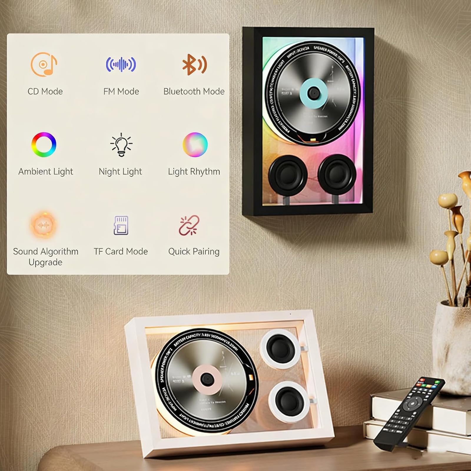 Reproductor de CD montado en la pared con control remoto, marco de fotos de música, soporta Bluetooth, CD, tarjeta TF y radio, luz ambiental para decoración del hogar y la oficina